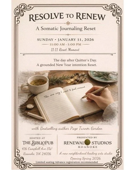 Resolve to Renew!

Only $15
Reserve Your Spot! 
RenewalStudiosRoanoke.com/Journal

A grounded yet magical New Year reset for people who are done forcing change.
By January 10, most resolutions fall apart &mdash; It&rsquo;s even dubbed &ldquo;Quitter&
