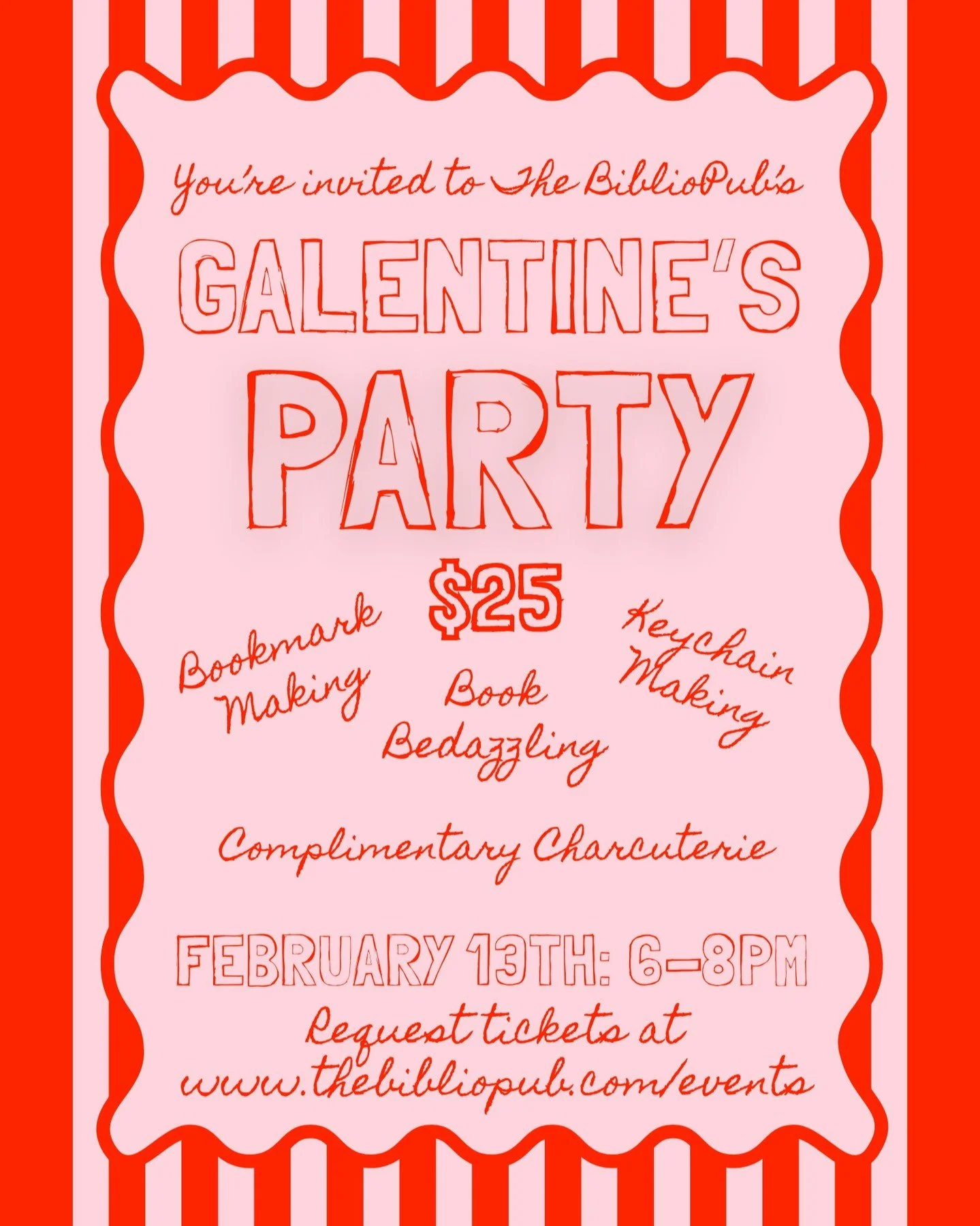 Grab your gals and get crafty! 💖
Join us for a Galentine&rsquo;s Party on February 13th | 6&ndash;8pm!

📚 Book bedazzling (Bring your own book!)
🔖 Bookmark making
✨ Keychain making

🍓🧀Complimentary charcuterie
🎟️ $25 per person

Because friends