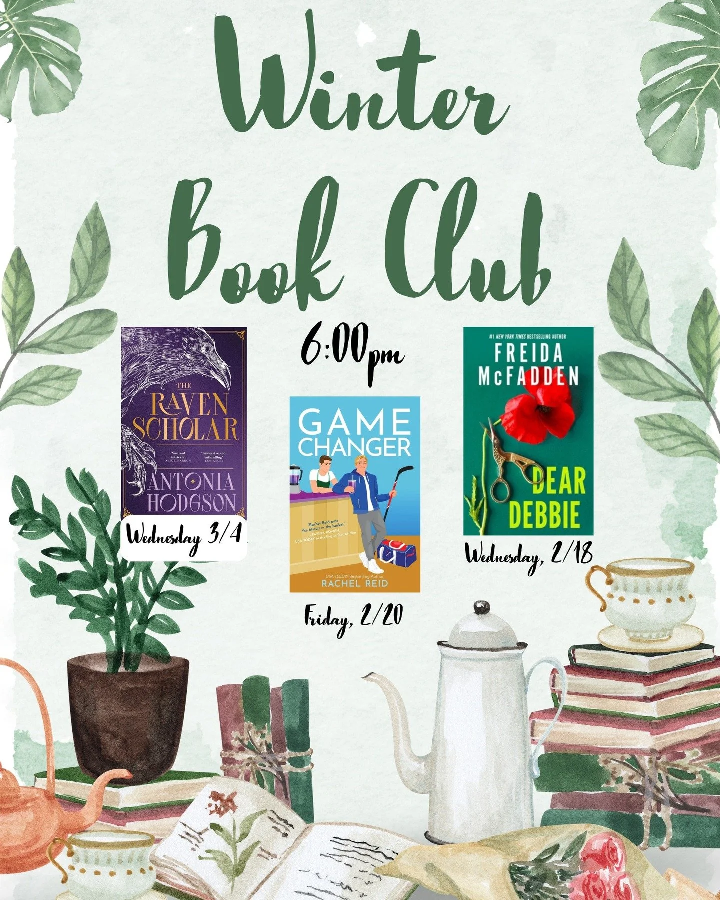 Book Club Meetings are scheduled! This time around, please RSVP so we know how many of your lovely faces to expect. 

There is an RSVP form on the website:
www.thebibliopub.com/events

Dear Debbie - Wednesday, February 18th
Game Changer - Friday, Feb