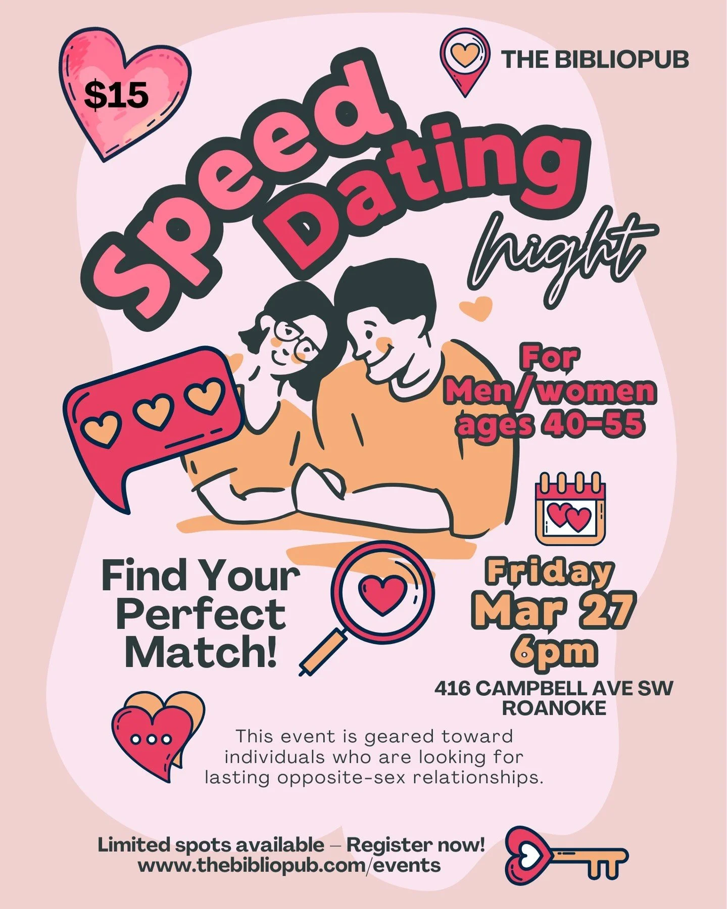 At The BiblioPub, we believe connections happen best through community.
Join us for a speed dating event for singles ages 40&ndash;55 who are interested in building lasting opposite-sex relationships.
Come curious, leave connected. ☕📚

When: Friday,