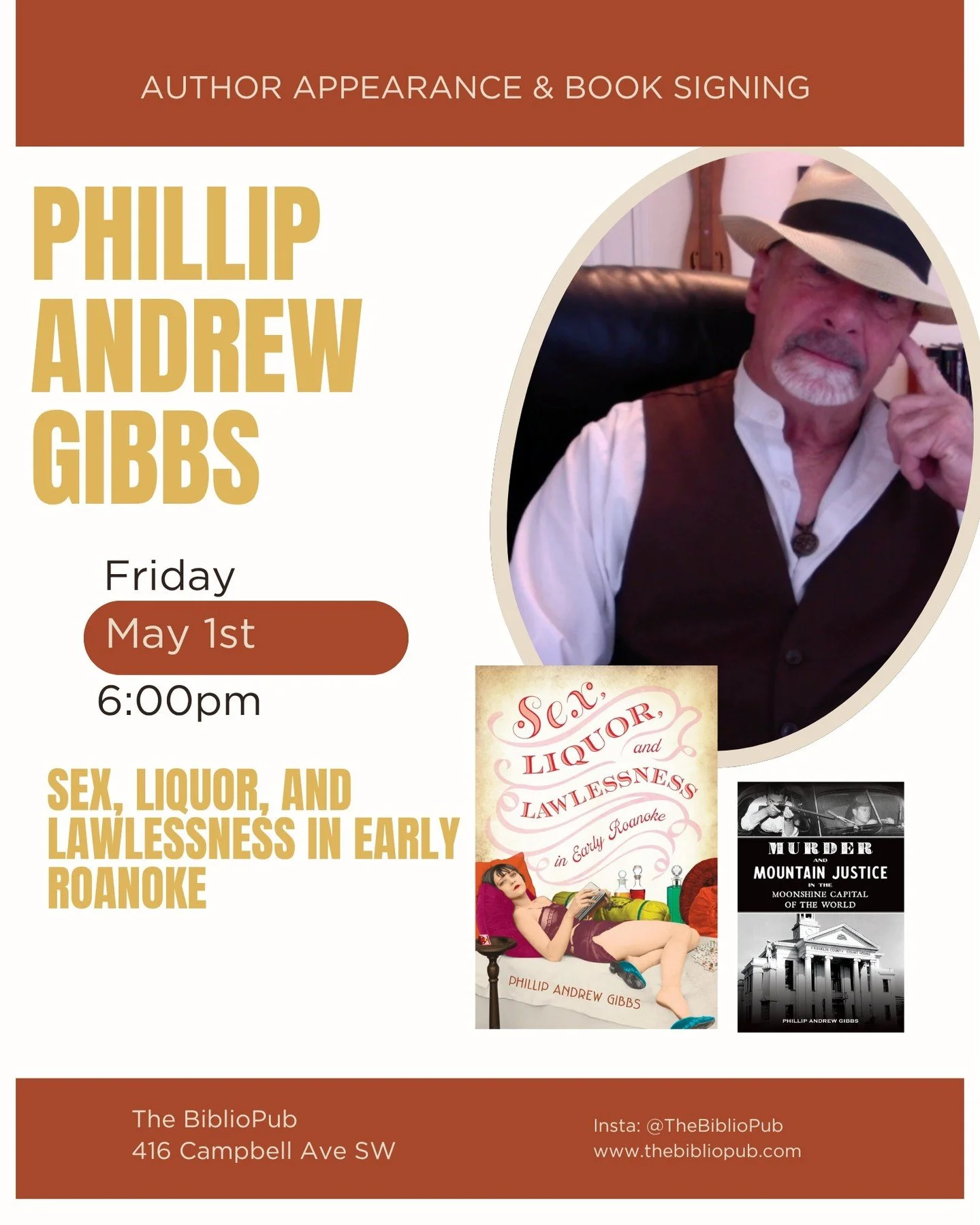A little history with a splash of scandal 🍸📚

Join us for an evening with Phillip Andrew Gibbs, author of Sex, Liquor, and Lawlessness in Early Roanoke, where the city&rsquo;s early days were anything but quiet.

Saloons. Bootlegging. Chaos.
Basica