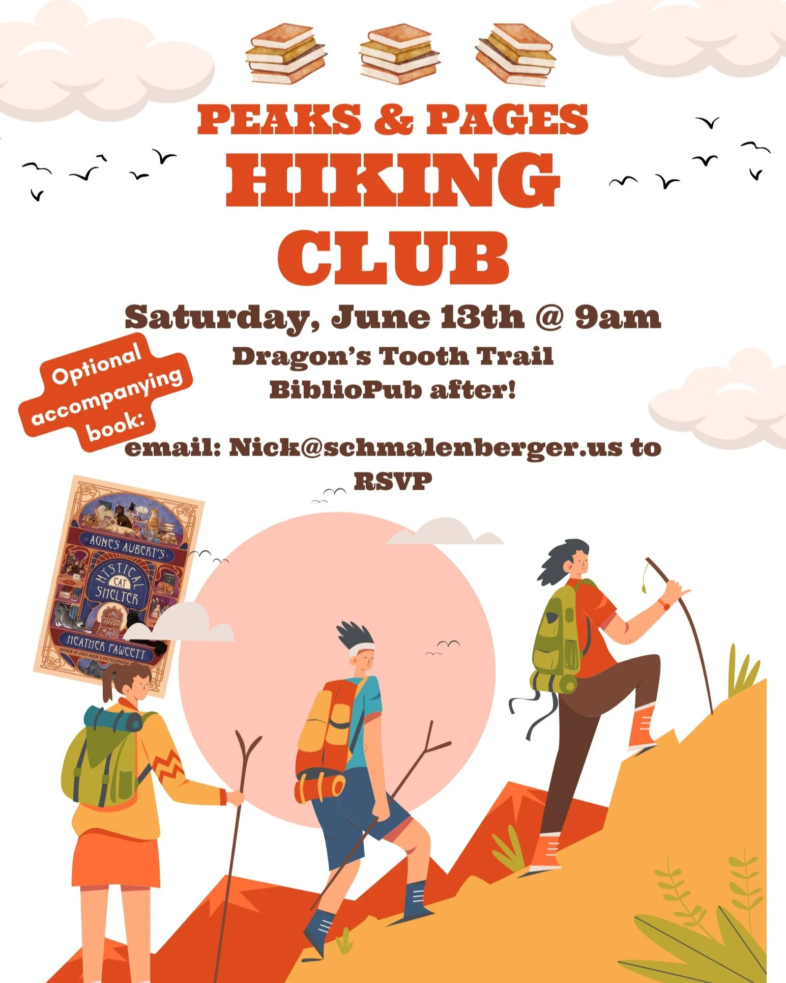Hiking Club is scheduled again for June 13th!

Hike Dragon's Tooth and chat about Agnes Aubert's Mystical Cat Shelter, by Heather Fawcett.

Email Nick to RSVP!