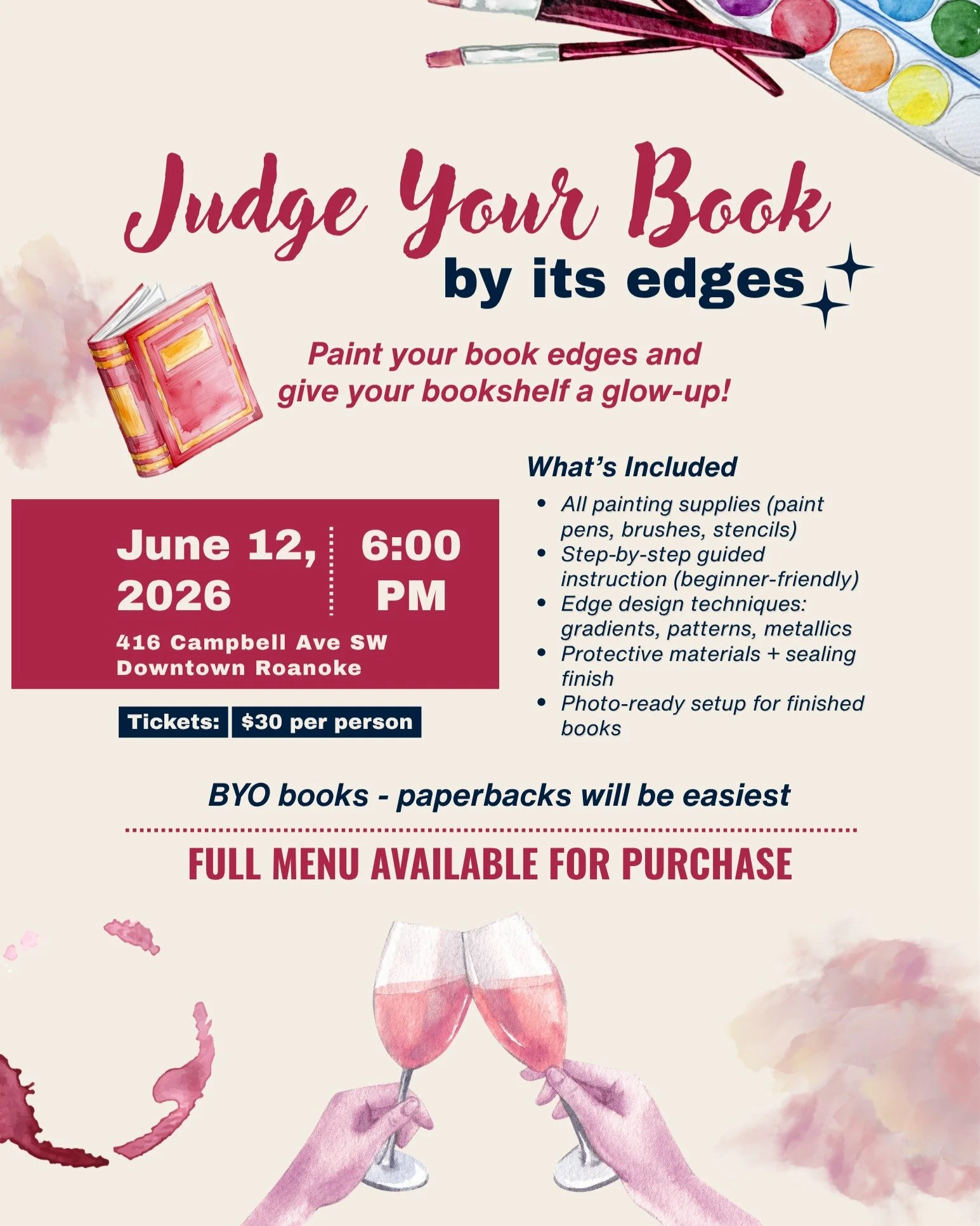 Small paintbrushes, big main character energy ✨📚🎨

Bring a favorite read, pick your colors, and turn your book stack into a masterpiece. No artistic talent required, just good vibes, snacks, and the irresistible urge to make your shelves prettier.
