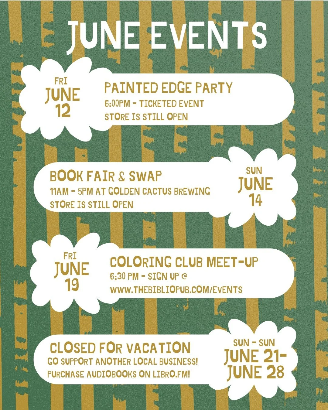 June happenings!

Painted Edges Party is tomorrow! Tickets are sold out but the store will still be open for you to come hang.

Real pumped about the Book Fair and Swap at our neighbor's place. We'll be serving up iced lattes, specialty lemonades, bo