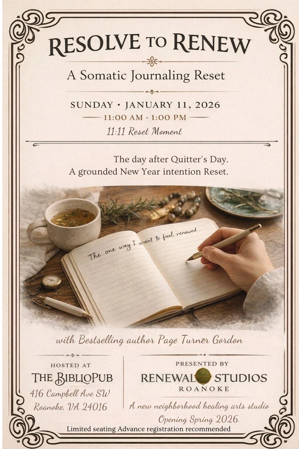 A digital flyer for an event titled "Resolve to Renew," a somatic journaling reset on January 11, 2026, from 11:00 AM to 1:00 PM. The flyer includes a photo of a person writing in a journal, a cup of tea, and decorative items on a wooden surface.