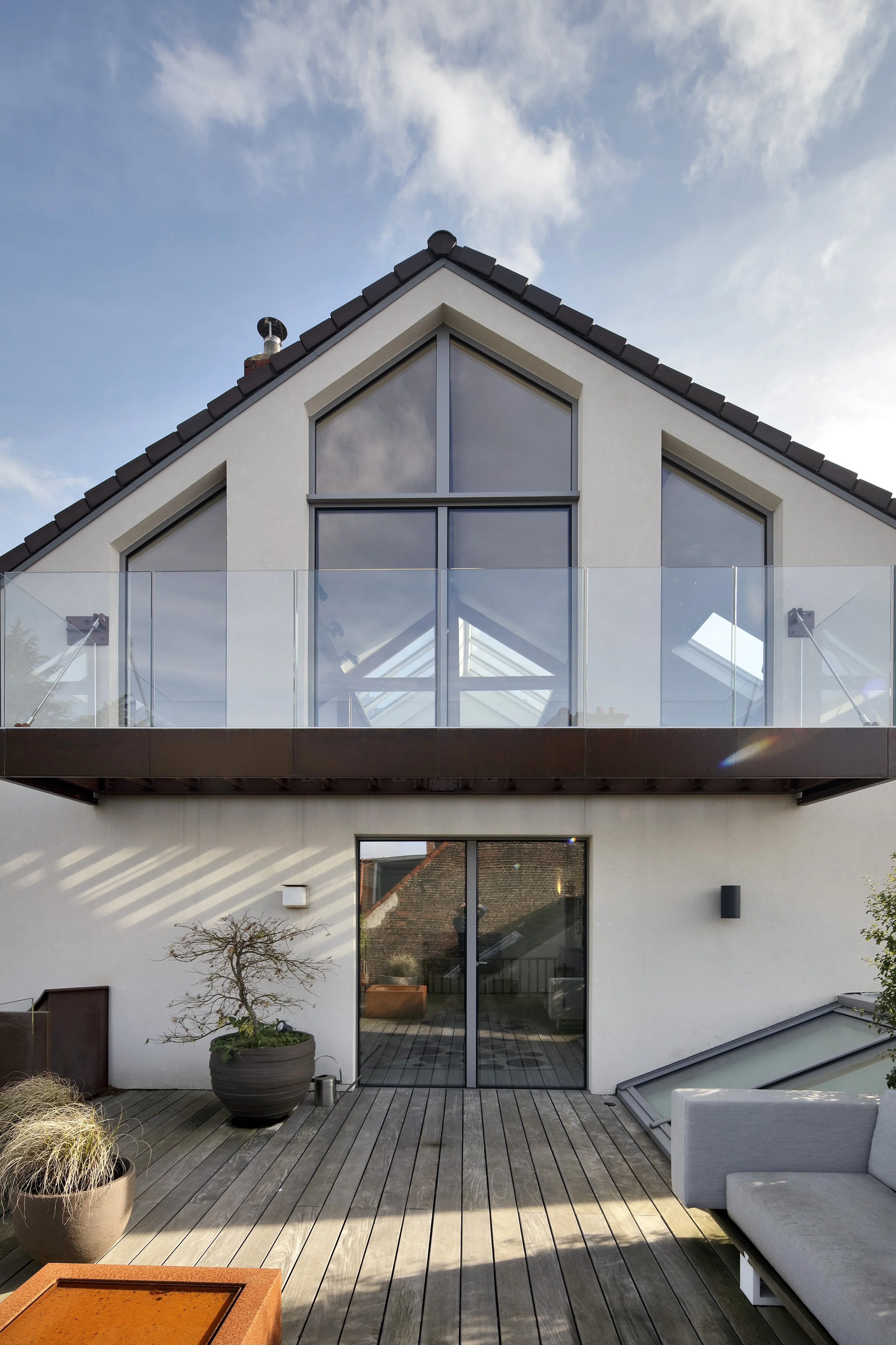 Balcon, verre, balustrade, porte, toit