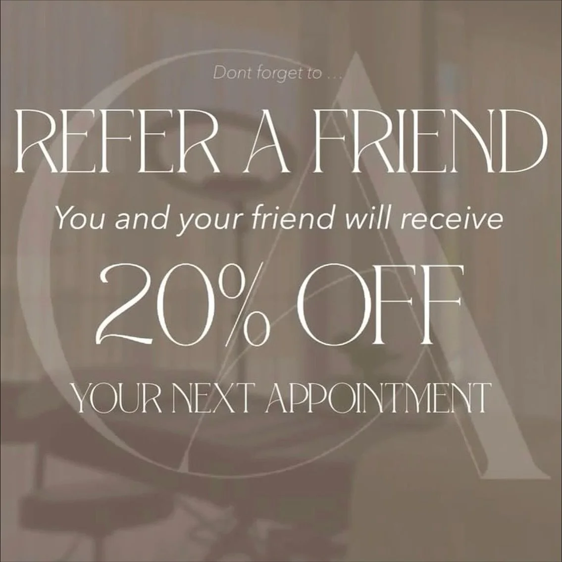 New promo running until November 28! 

Refer a friend to come try our services and you BOTH will receive 20% off! 

Please mention this promo when booking🤍
