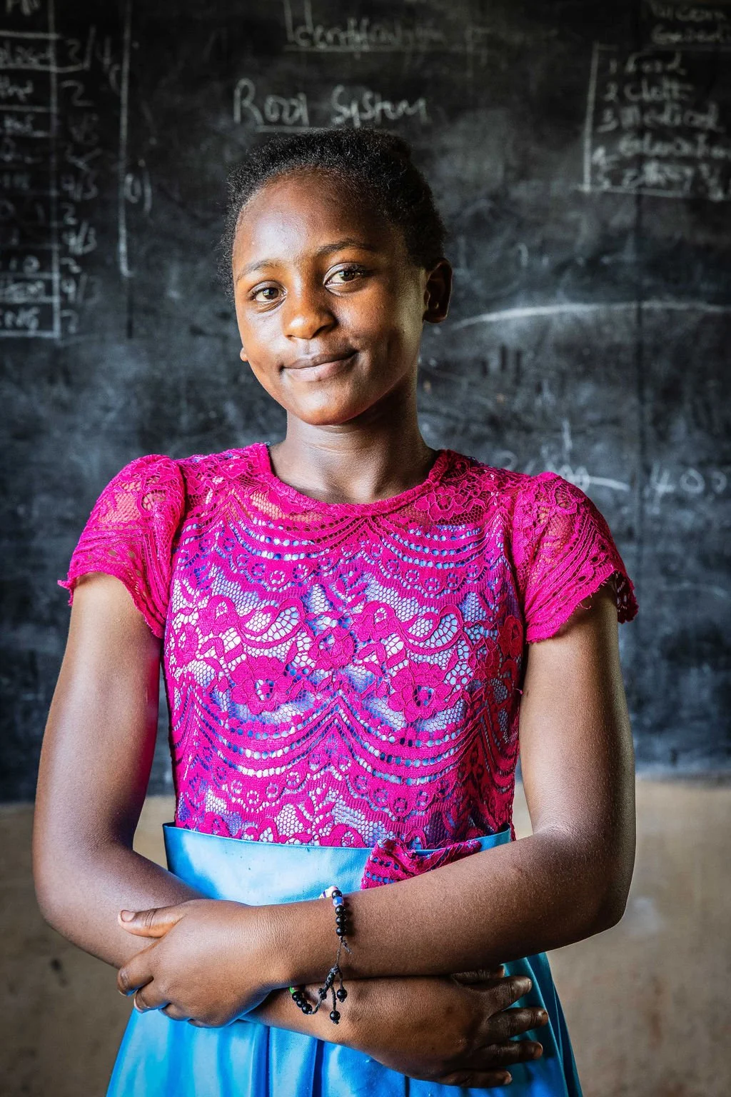Young girl in pink lace top and blue skirt standing in front of a chalkboard with math equations and notes.