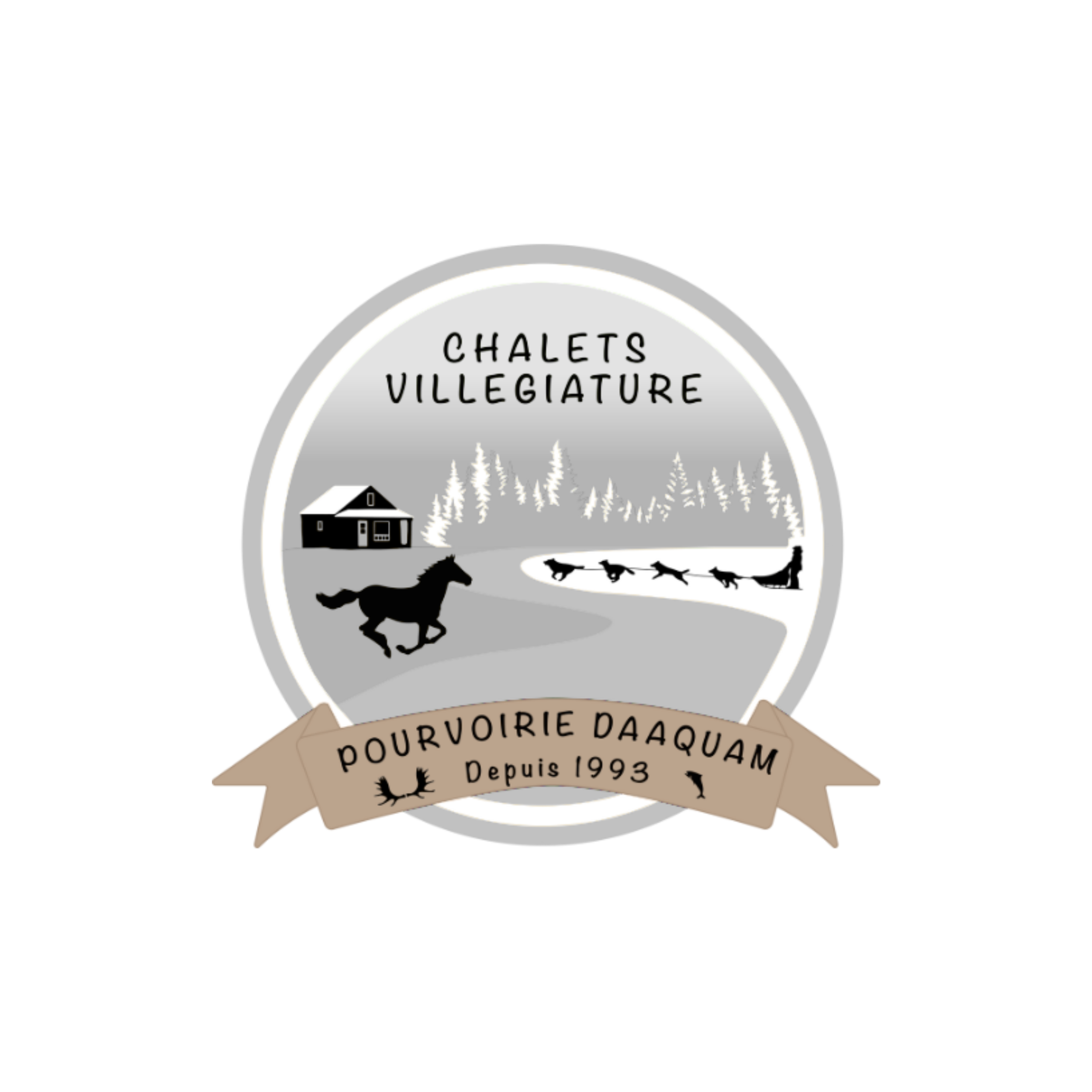 Logo d'une auberge ou refuge de montagne avec une cabane, un cheval et des chiens de traîneau, entouré d'arbres, avec un bandeau indiquant 'Pourvoirie Daaquam Depuis 1993'.