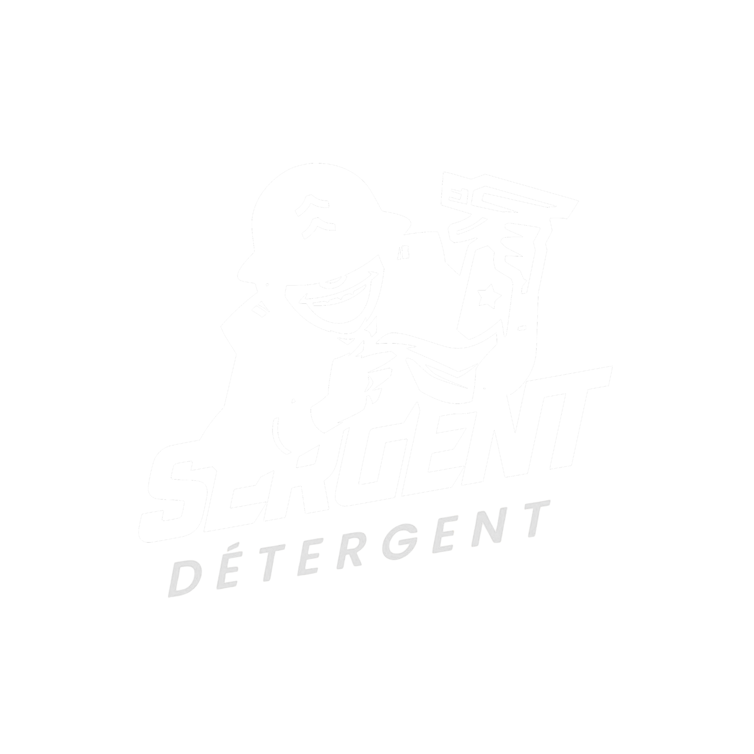 Logo noir et blanc avec un personnage joyeux tenant une bouteille de savon.
