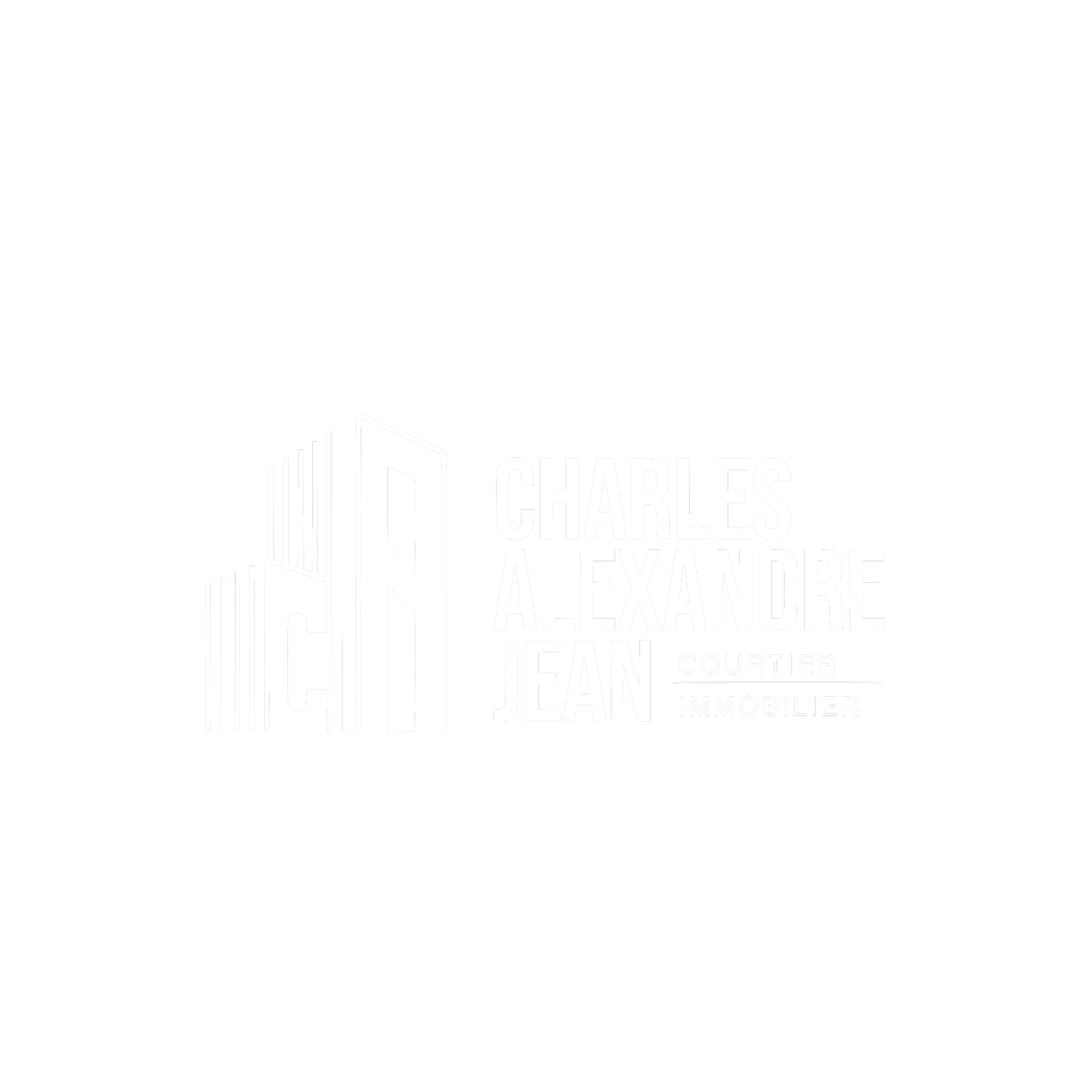 Logo immobilier avec une illustration de bâtiment stylisé, noms Charles Alexandre Jean et titre courtier immobilier