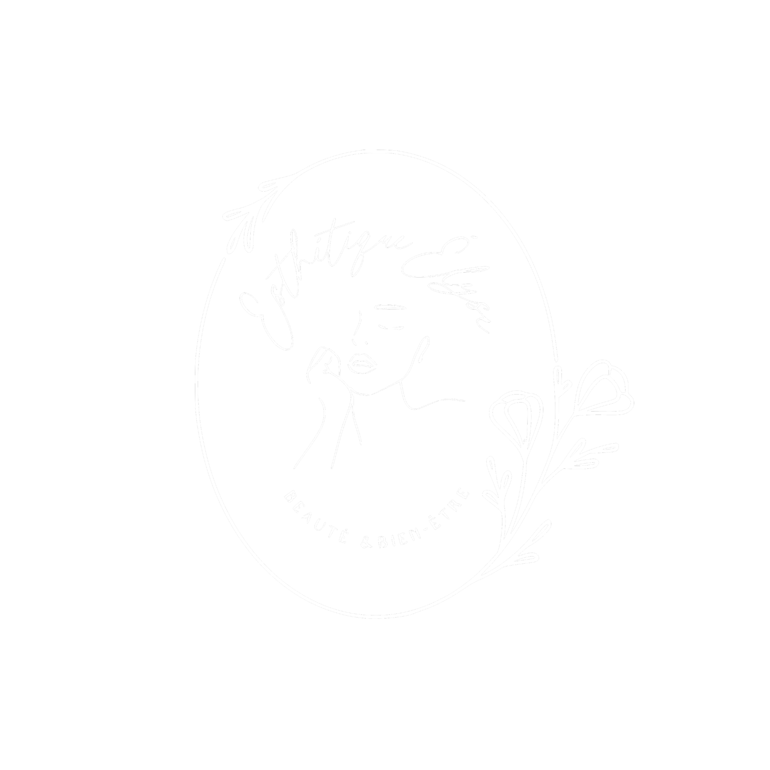 Logo monochrome minimaliste représentant une femme avec des fleurs, texte "Esthétique Évasion" et slogan "Beauté & Bien-être" en français.
