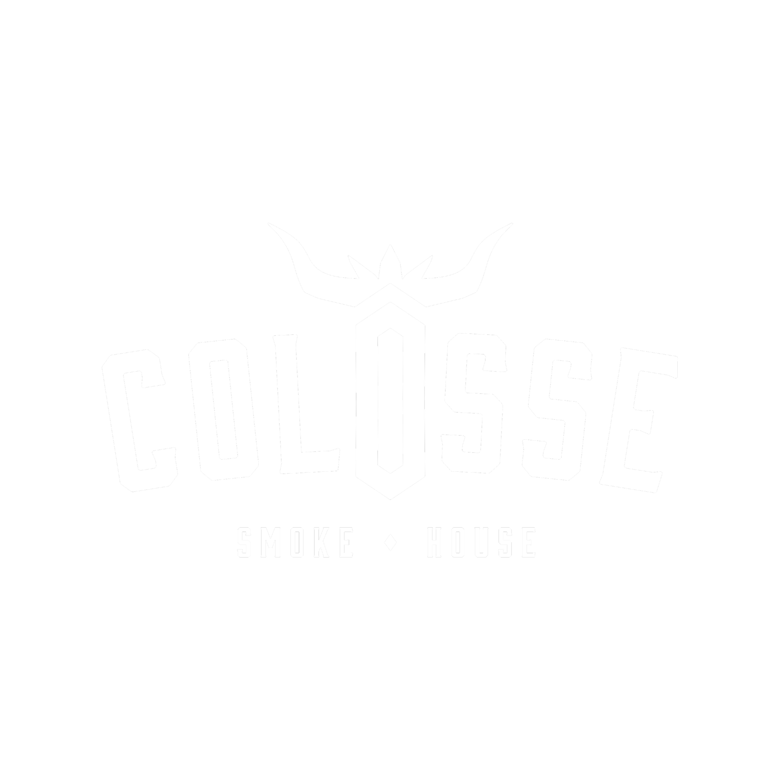 Logo noir et blanc avec le mot 'COLISSE' en lettres capitales, une tête de cerf stylisée au-dessus, et 'SMOKE · HOUSE' en dessous.