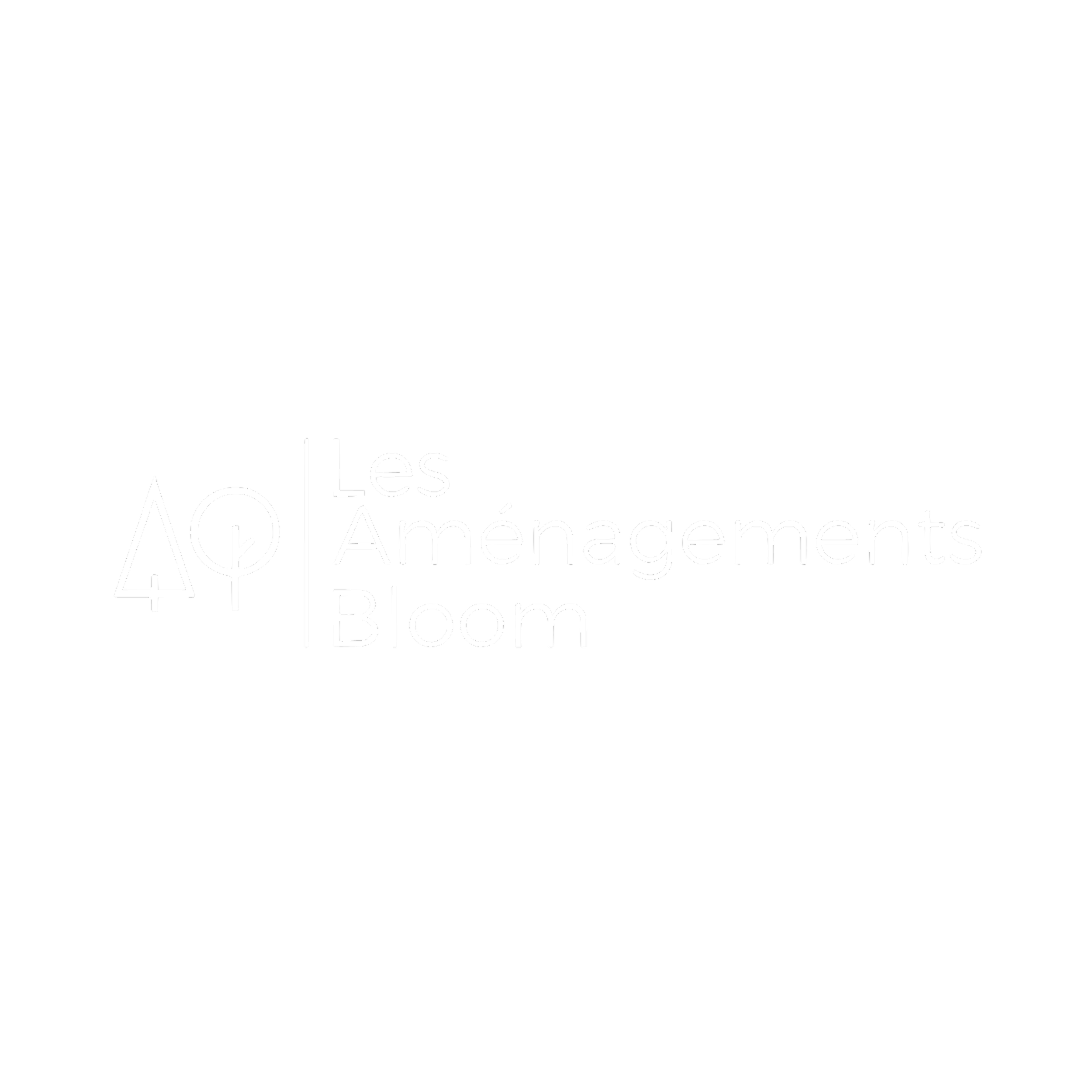 Logo blanc sur fond noir avec symboles et texte : 'Les Aménagements Bloom' en français.