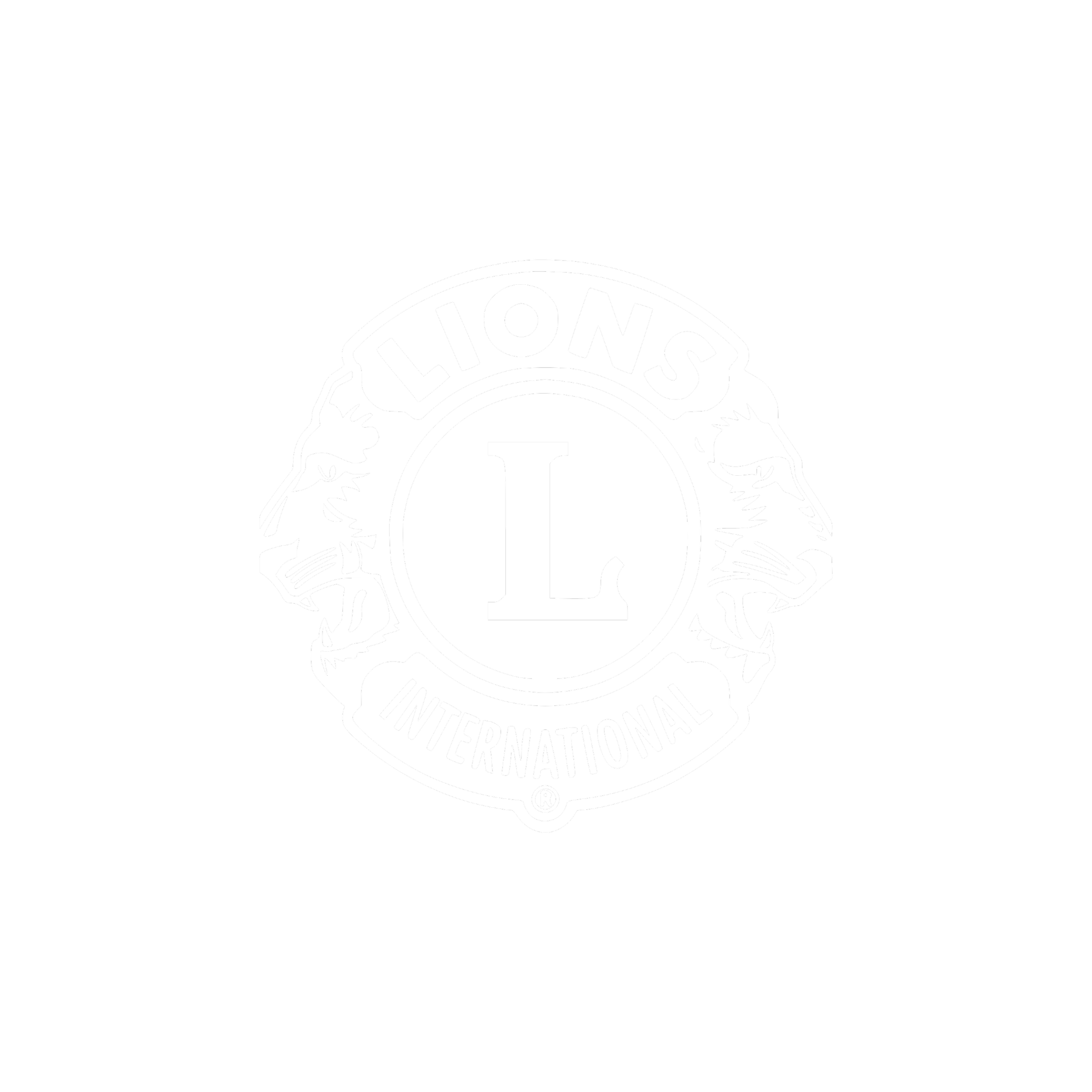 Logo blanc et noir de Lions International, avec deux têtes de lion se faisant face encadrant le texte 'Lions' en haut et 'International' en bas, autour d'un grand 'L' au centre.