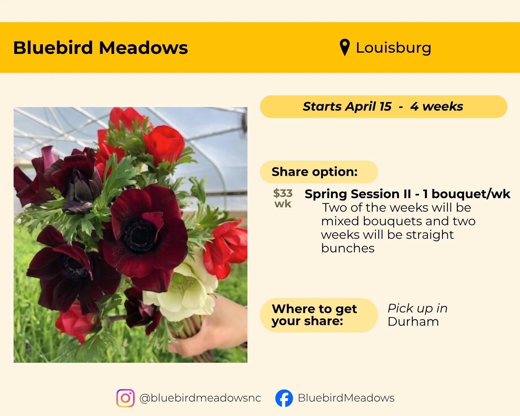Bluebird Meadows located in Louisburg. Starts April 18 and runs 4 weeks. Spring Session 2 is one bouquet per week for $33 per week. Two weeks will be mixed bouquets, and two weeks will be straight bunches. Pick up in Durham. 