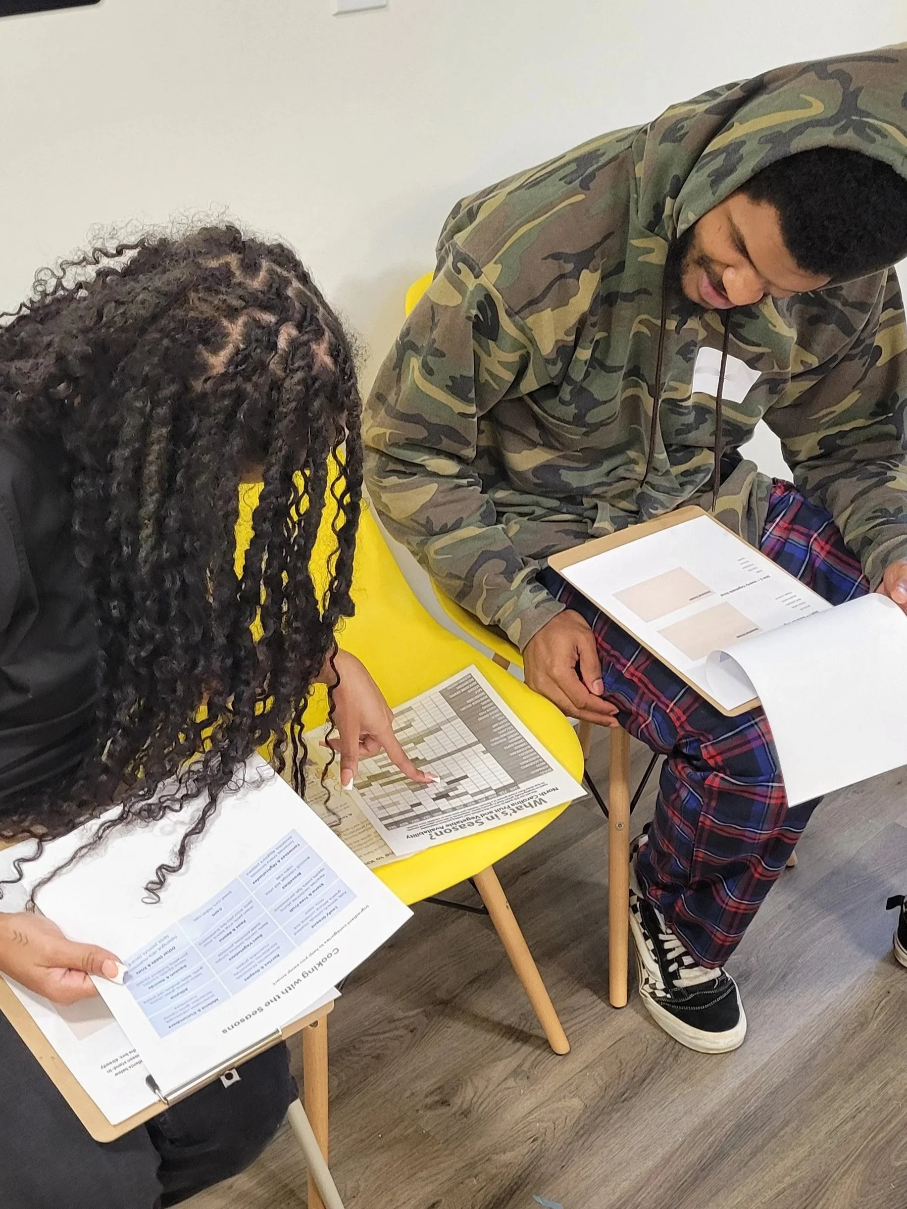 Two Kitchen Compass clients looking at the NC seasonality chart as they complete an ingredient swap with in-season fruits and veggies activity.