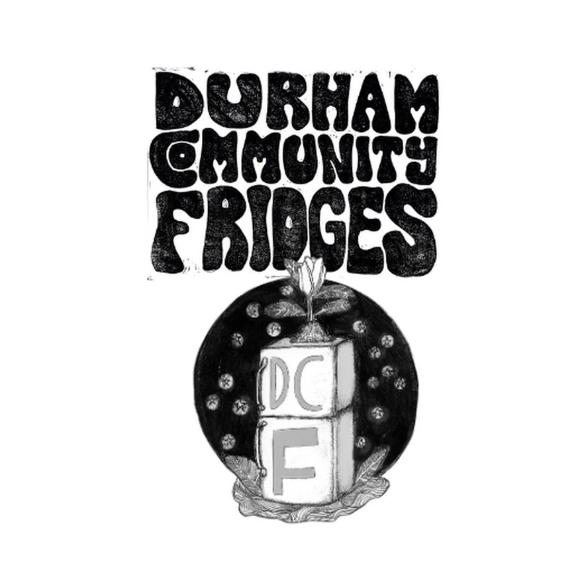 Durham Community Fridges logo. The name is featured in bubble text. A circular icon with a graphic fridge with the letters "DCF" sit below the name.