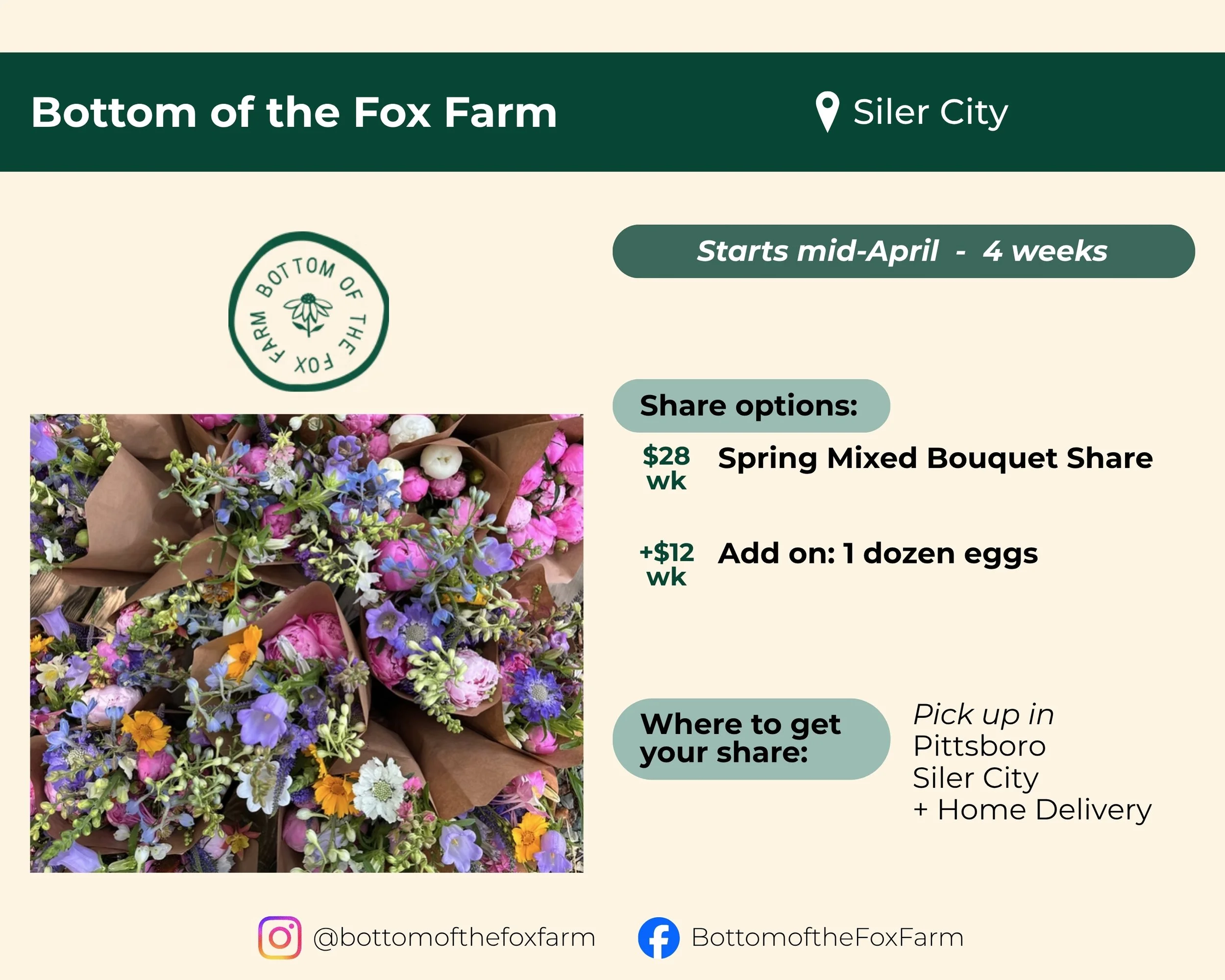 Bottom of the Fox Farm located in Siler City. Share starts mid-April and runs 4 weeks. Spring mixed bouquet share is $28 per week, with the option to add on 1 dozen eggs for an additional $12 per week. Pick up in Pittsboro or Siler City, with options