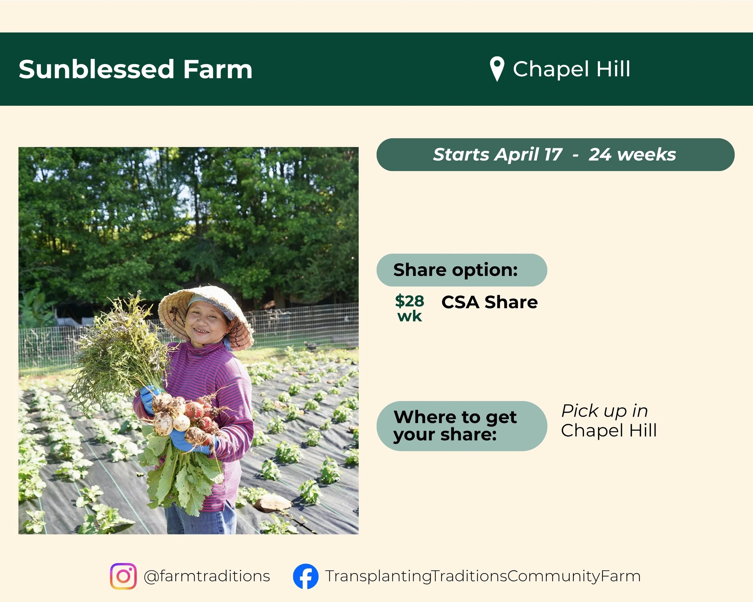 Sunblessed Farm located in Chapel Hill. Share starts April 17 and runs 24 weeks. CSA Share is $28 per week. Pick up in Chapel Hill.