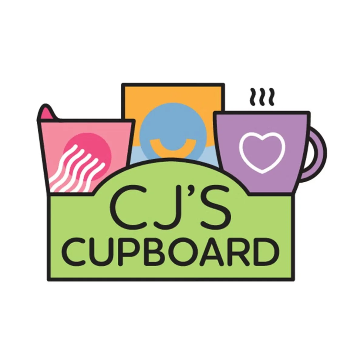 CJ's Cupboard logo. Text on a graphic basket reads "CJ's Cupboard," and behind it include icons for ramen, mac and cheese, and a steaming coffee mug.