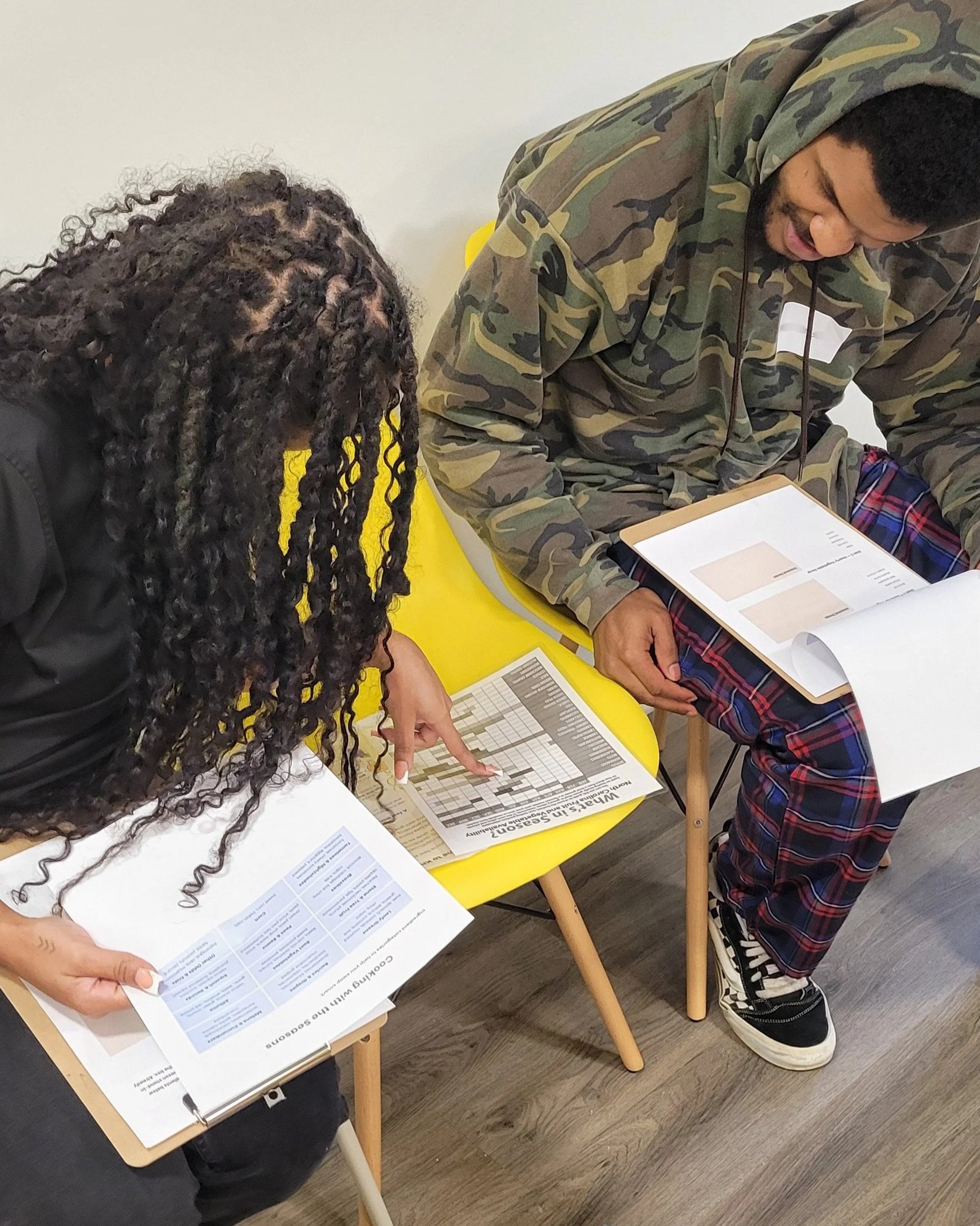 Two Kitchen Compass clients looking at the NC seasonality chart as they complete an ingredient swap with in-season fruits and veggies activity.