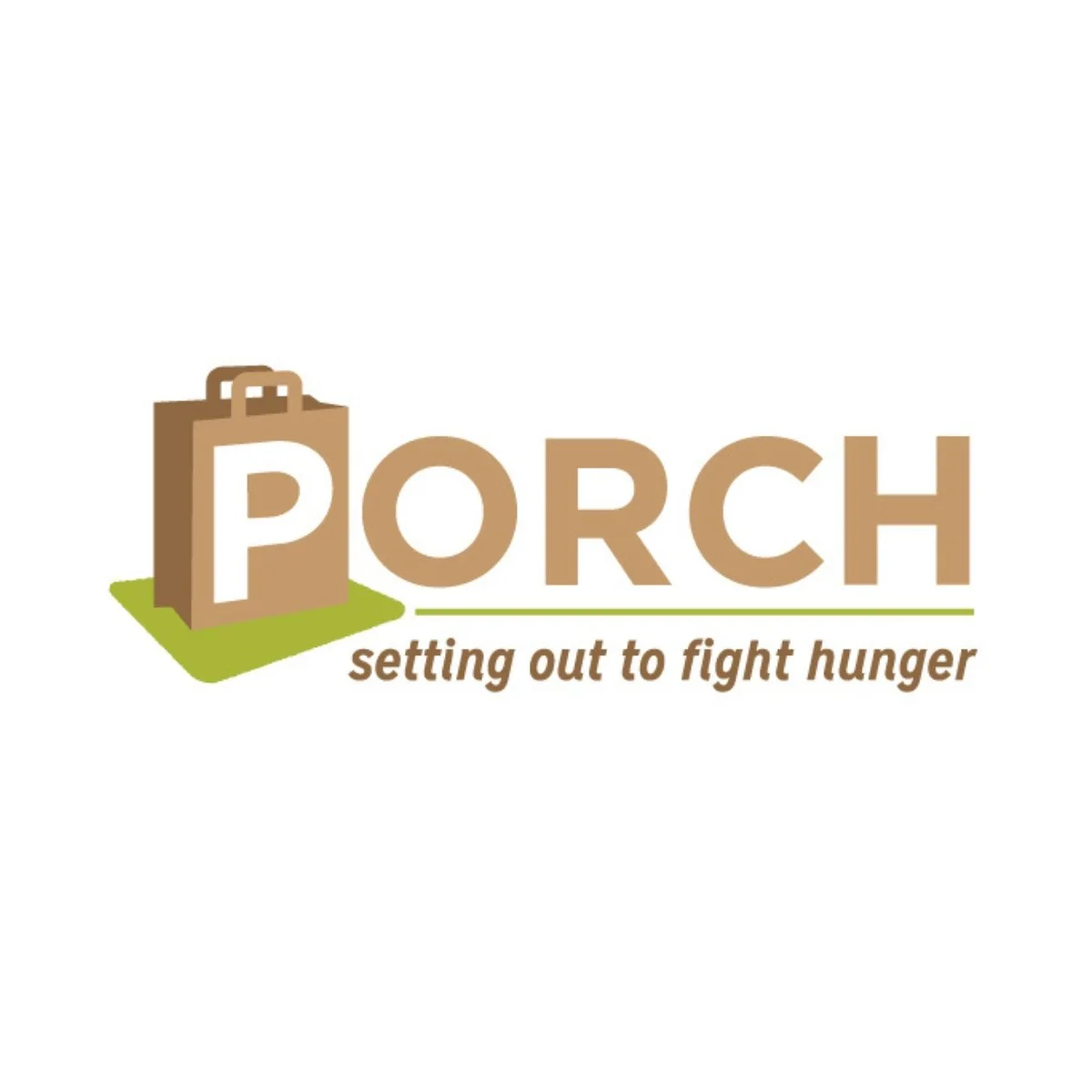 PORCH logo. PORCH is typed in brown font, with the P in white over the top of a brown grocery bag. Under the name reads, "setting out to fight hunger".