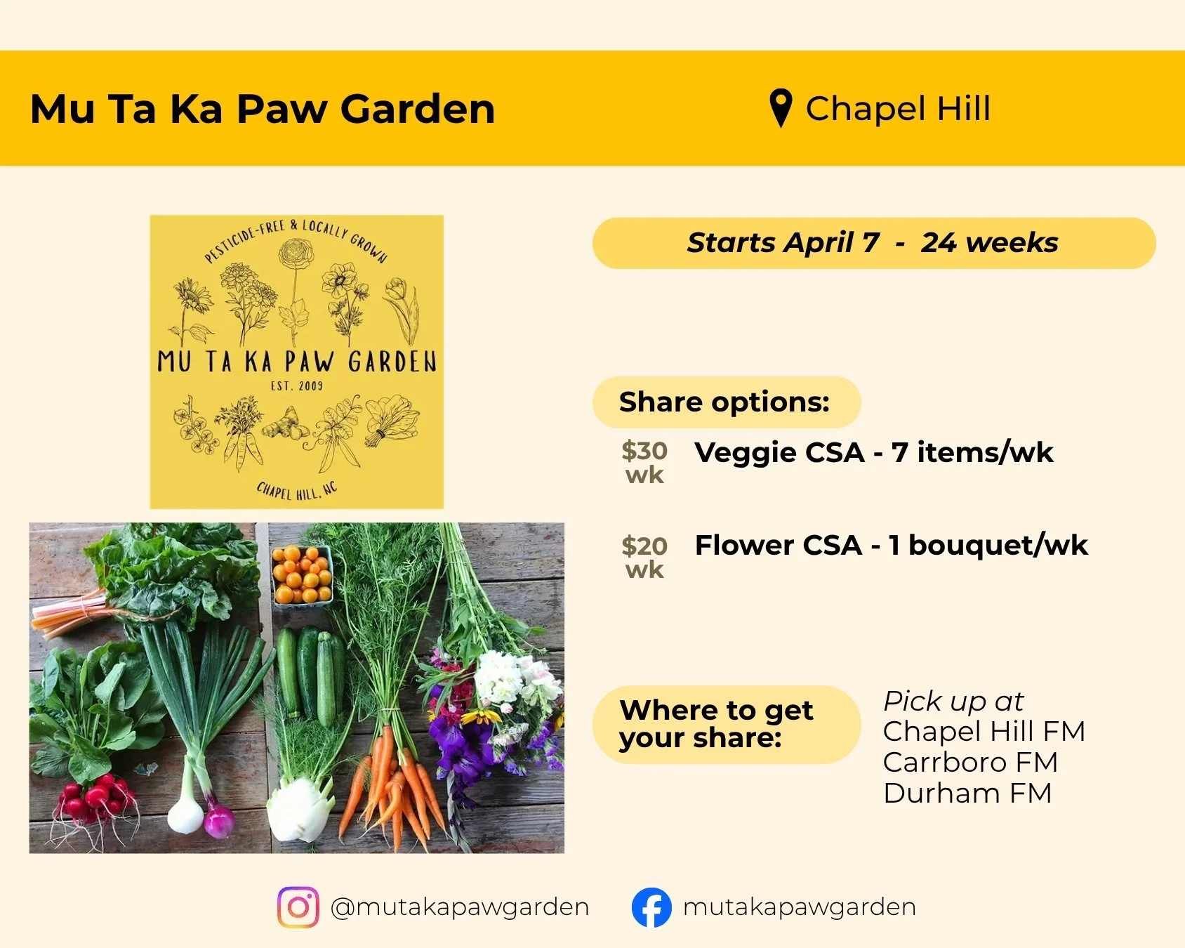 Mu Ta Ka Paw Garden located in Chapel Hill. Starts April 7 and runs 24 weeks. Share options include a veggie CSA of 7 items per week for $30 per week, and a flower CSA of 1 bouquet per week for $20 per week. Pick up at Chapel Hill Farmers' Market, Ca