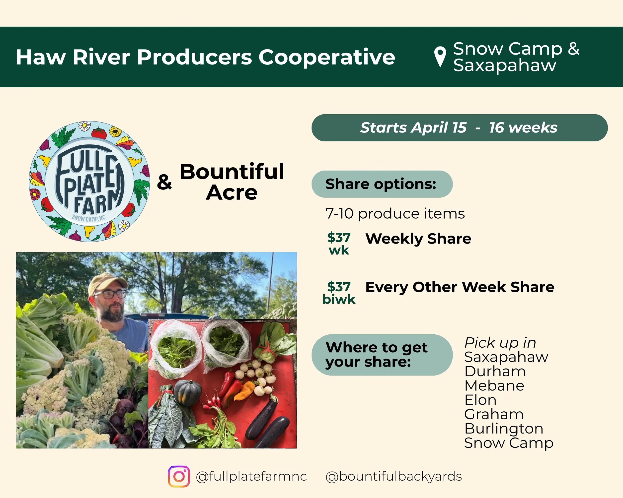 Haw River Producers Cooperative composed of Full Plate Farm and Bountiful Acre, located in Snow Camp and Saxapahaw. Shares start April 15 and runs 16 weeks. Share options feature 7-10 produce items and include a weekly share for $37 per week or an ev