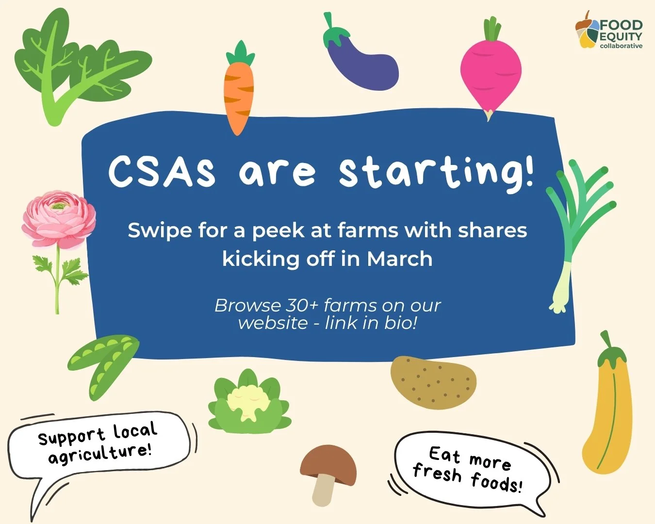 Graphic with cartoon veggies surrounding text reading, "CSAs are starting! Swipe for a peek at farms with shares kicking off in March. Browse 30+ farms on our website, link in bio". Speech bubbles say, "Support local agriculture" and "Eat more fresh 