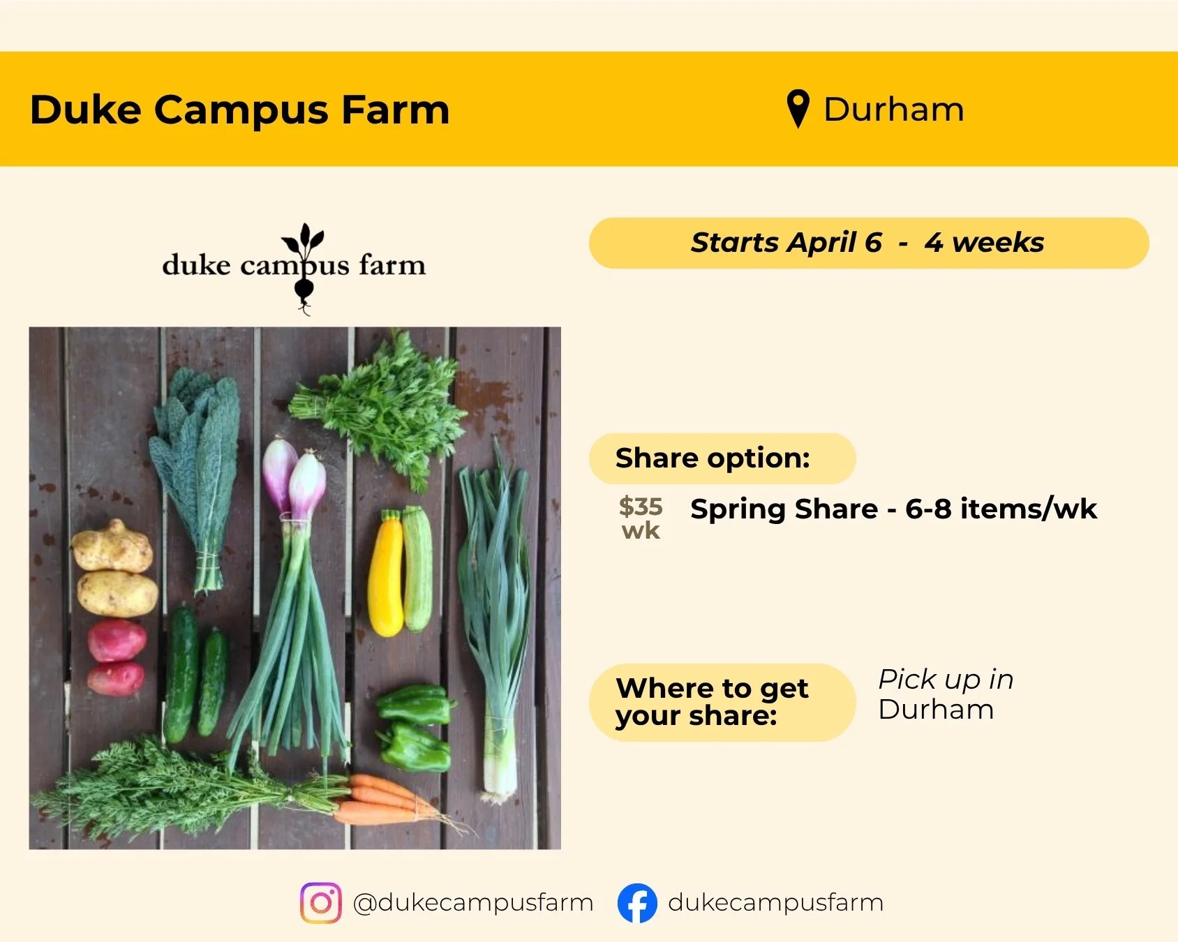 Duke Campus Farm located in Durham. Starts April 6 and runs 4 weeks. Spring share features six to eight items per week for $35 per week. Pick up in Durham.