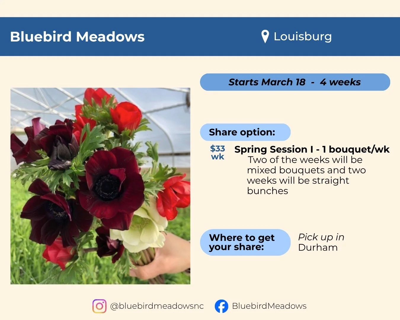 Bluebird Meadows located in Louisburg. Starts March 18 and runs 4 weeks. Share is one bouquet per week for $33 per week. Two weeks will be mixed bouquets, and two weeks will be straight bunches. Pick up in Durham. 
