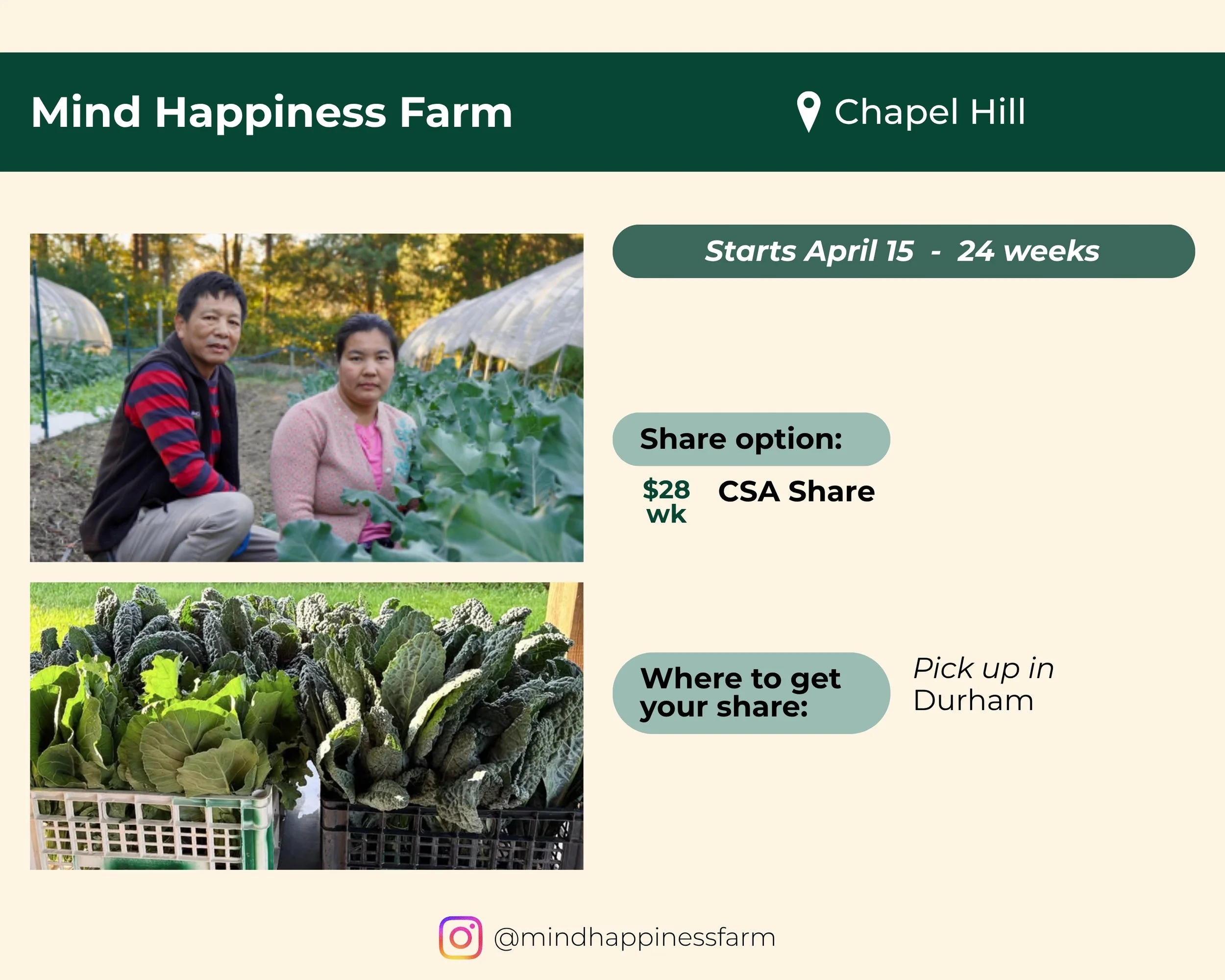 Mind Happiness Farm located in Chapel Hill. Share starts April 15 and runs 24 weeks. CSA Share is $28 per week. Pick up in Durham. 