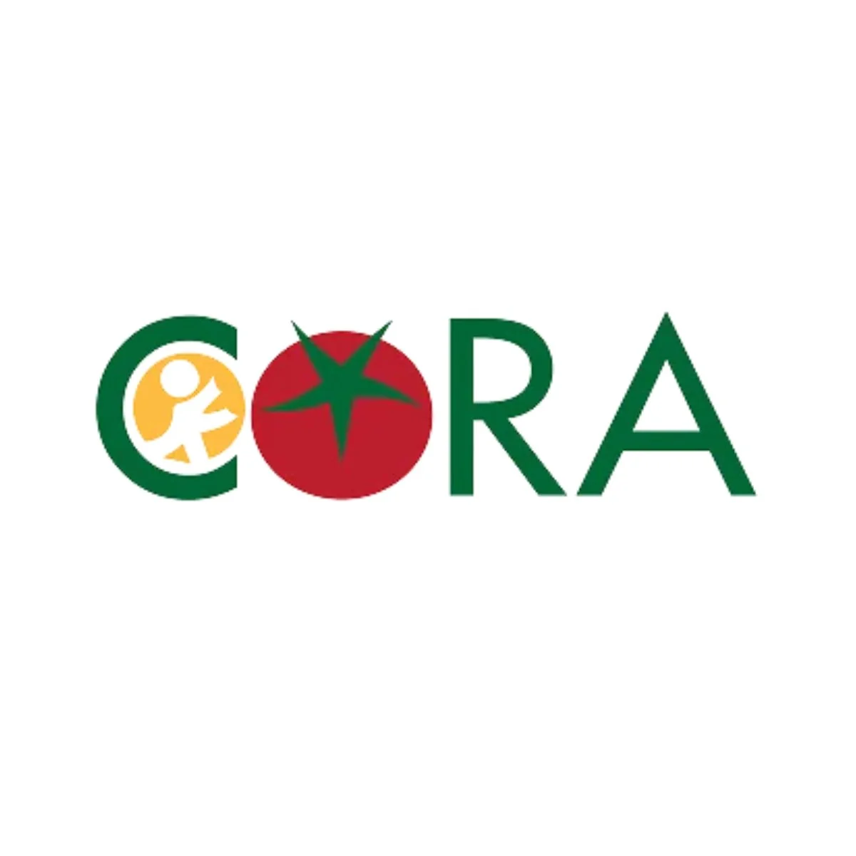 CORA Food Pantry logo. Green text with a stick figure icon inside of the letter "C", and a tomato replaces the "O".