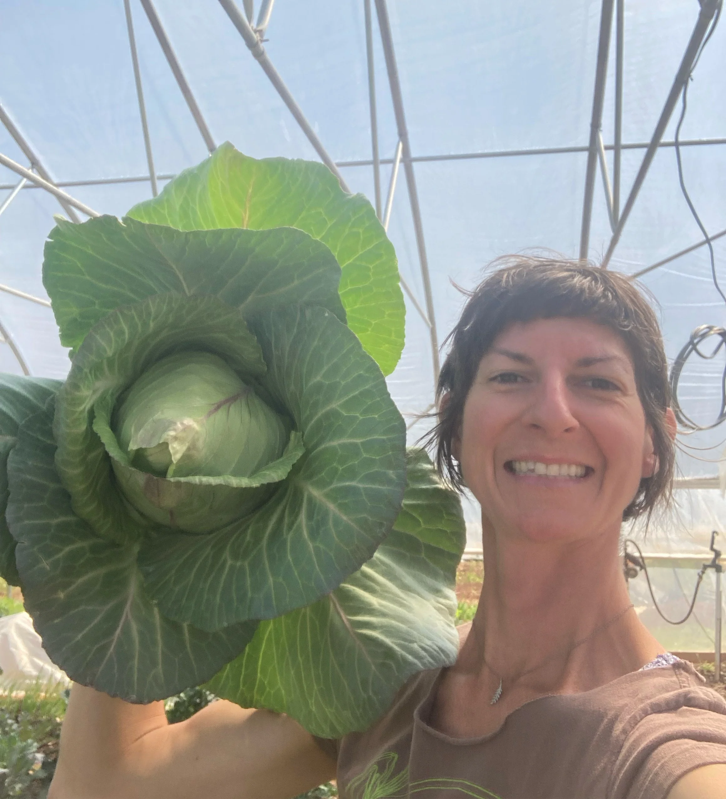 Kristin Bulpitt holding a large cabbage and smiling.
