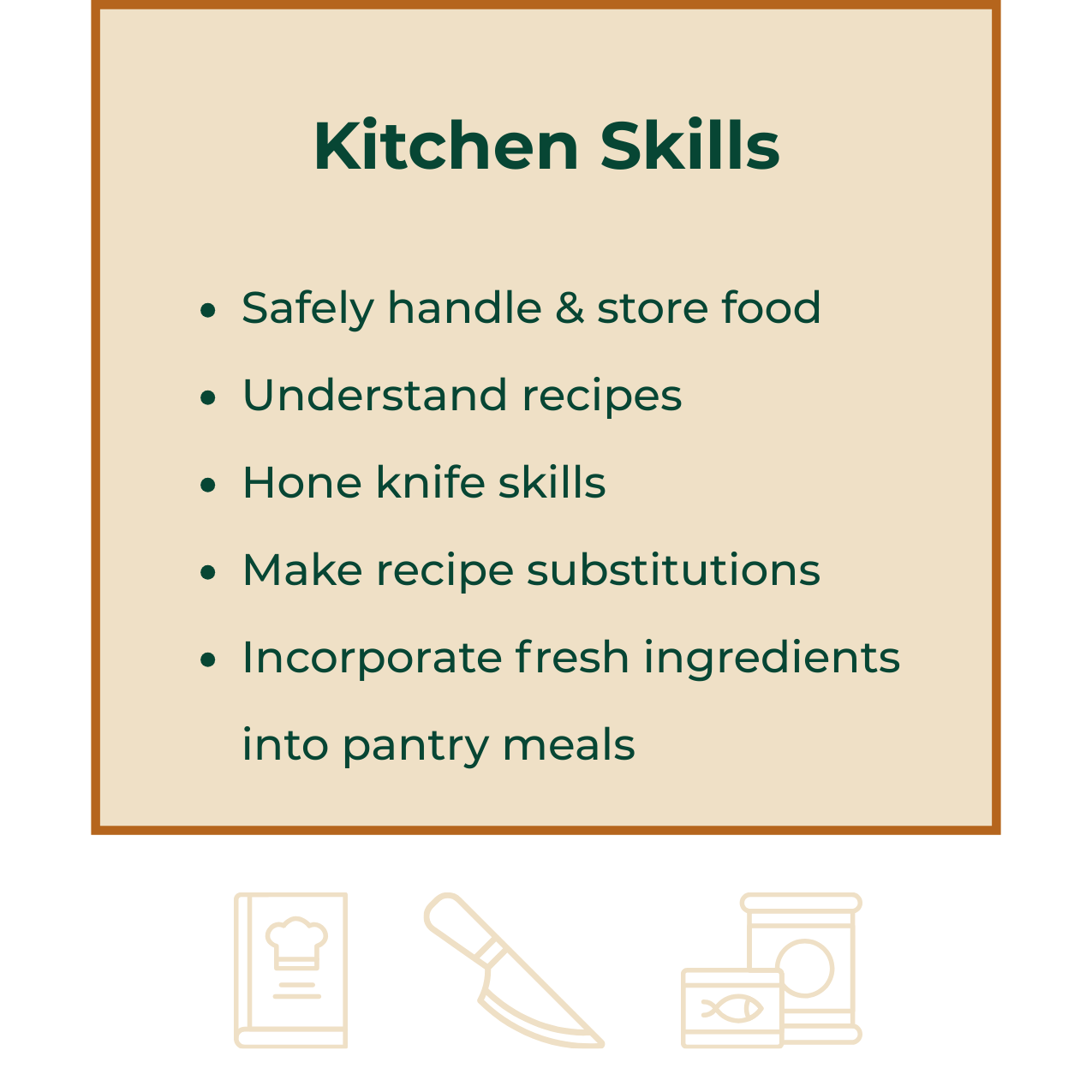 Titled Kitchen Skills with a bulleted list below as follows: Safely handle & store food, Understand recipes, Hone knife skills, Make recipe substitutions, Incorporate fresh ingredients into pantry meals. Below the text are three icons: a cookbook, ch
