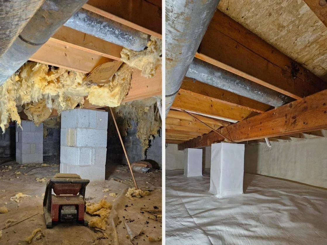Before and after images of attic insulation installation, showing ceiling joists, ductwork, and new insulation with a vapor barrier.