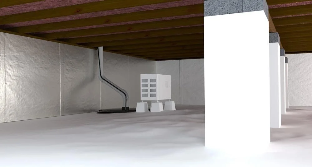 Encapsulated crawl space with vapor barrier, sump pump and dehumidifier.