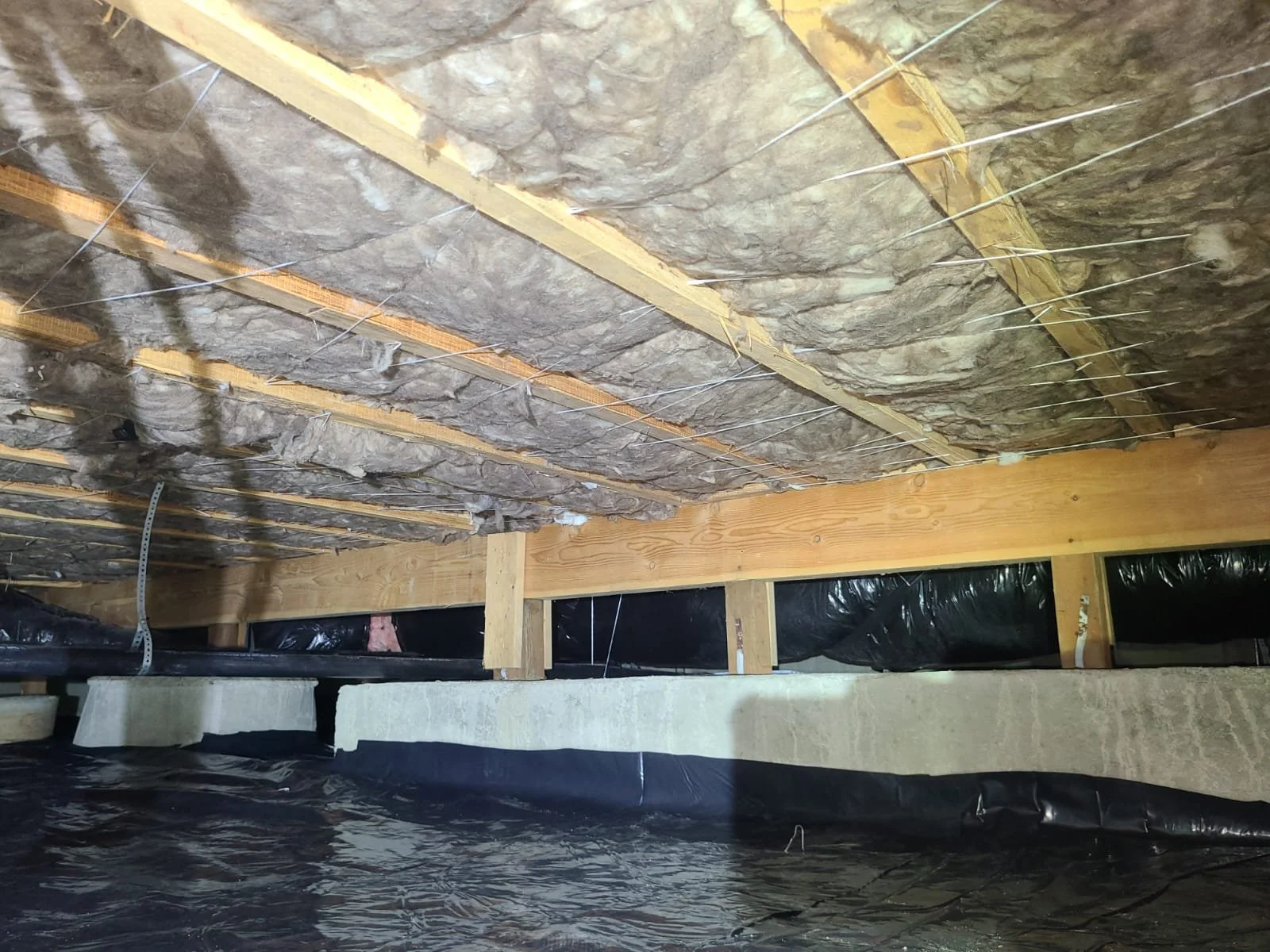 Crawl space cleaning with new insulation and vapor barrier.