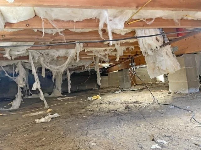View of a crawl space or basement area showing insulation hanging from the floor joists, some debris on the dirt floor, and electrical wires running through the space.