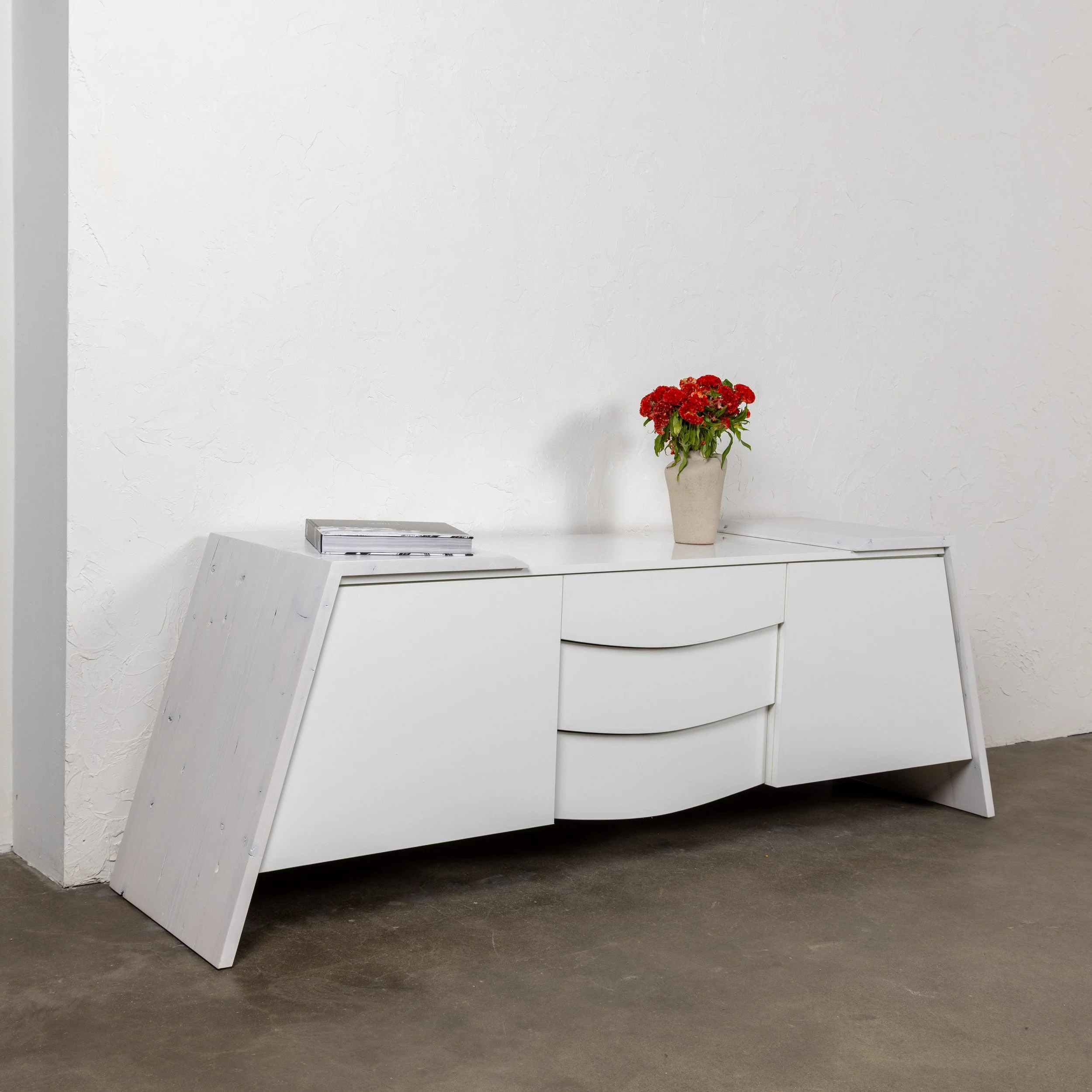 Luxor Credenza - Iteration V by Nersi Nasseri: Three-quarter view of white credenza