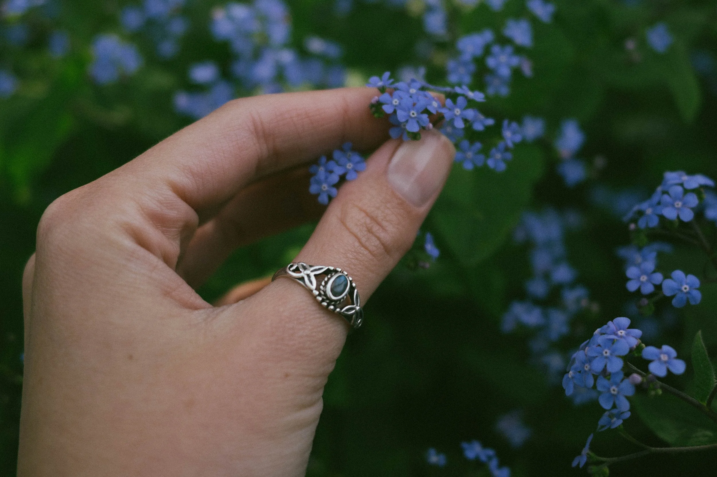 Artistic jewelry photography featuring a handcrafted silver gemstone ring worn on the hand, gently holding blue forget-me-not flowers outdoors. Natural light, shallow depth of field, and botanical styling highlight fine details—ideal for artisan jewe