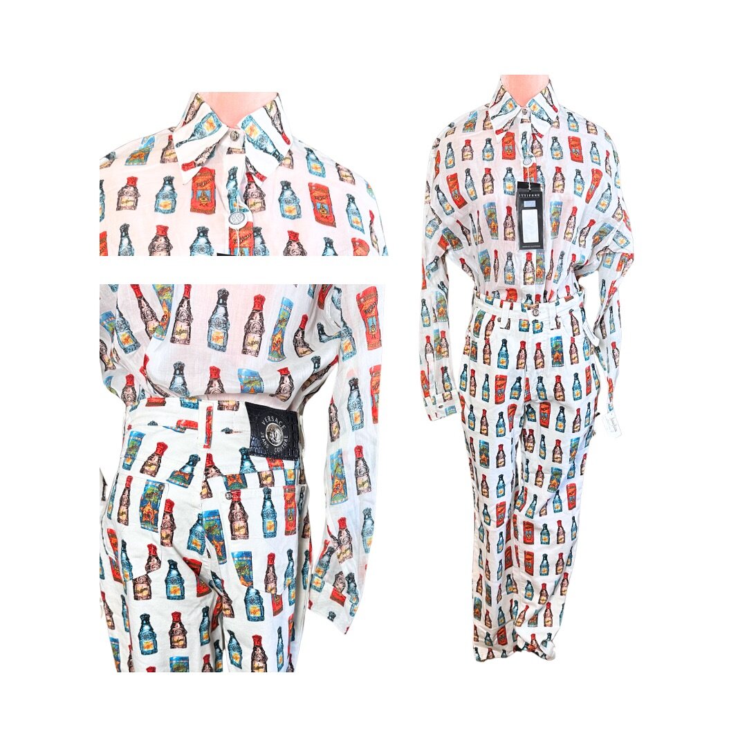 Versace Jeans Couture
1990s

Recently I got several sets of 90s Versace Jean sets. The parfume bottle shirts are cotton while the animal prints are silk rayon. Each shirt is adorn with a silver-finish Medusa button at the collar and are available in 