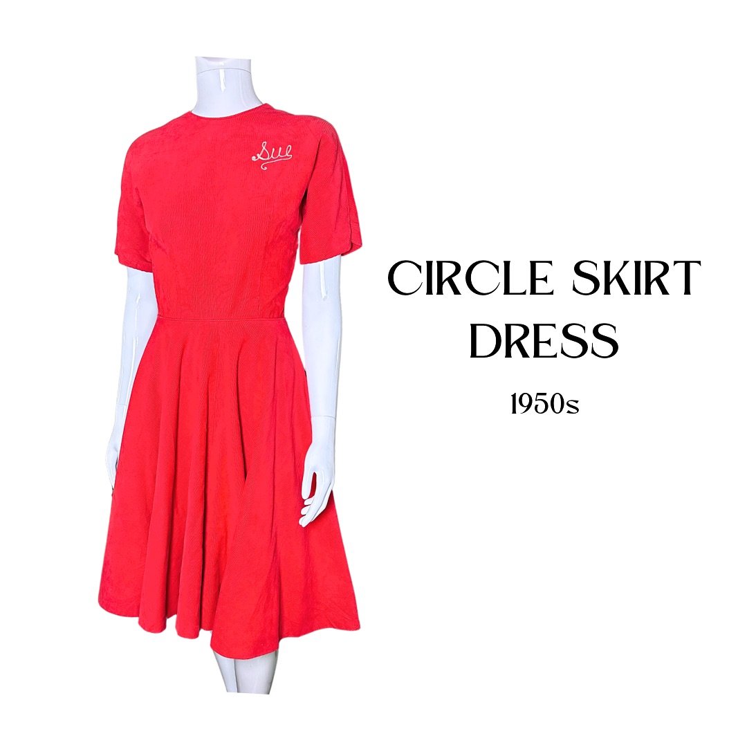 Vintage Circle Skirt Dress
Embroidered Sue detail
Red Corduroy
1950s

Look at this charmer! The stark red corduroy gives texture and the circle skirt cut gives the perfect amount of flair. 
That Sue really knows how to catch the eye.

#vintagefashion