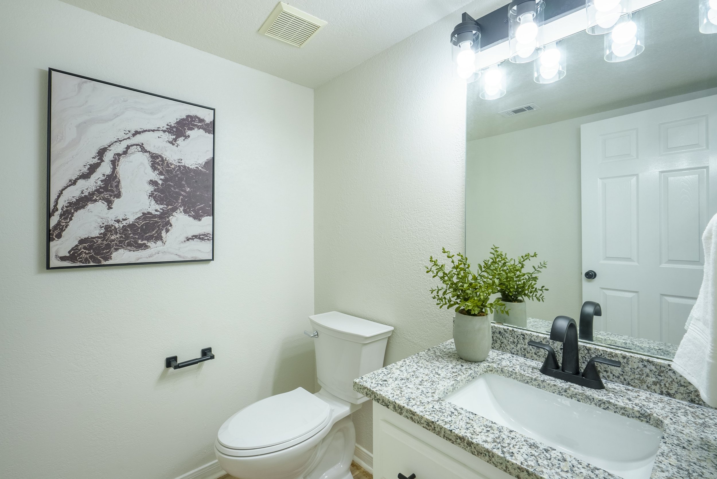 Modern bathroom with a white toilet, marble countertop, black faucet, green plant in pot, wall art, mirror, and bright lighting fixtures.