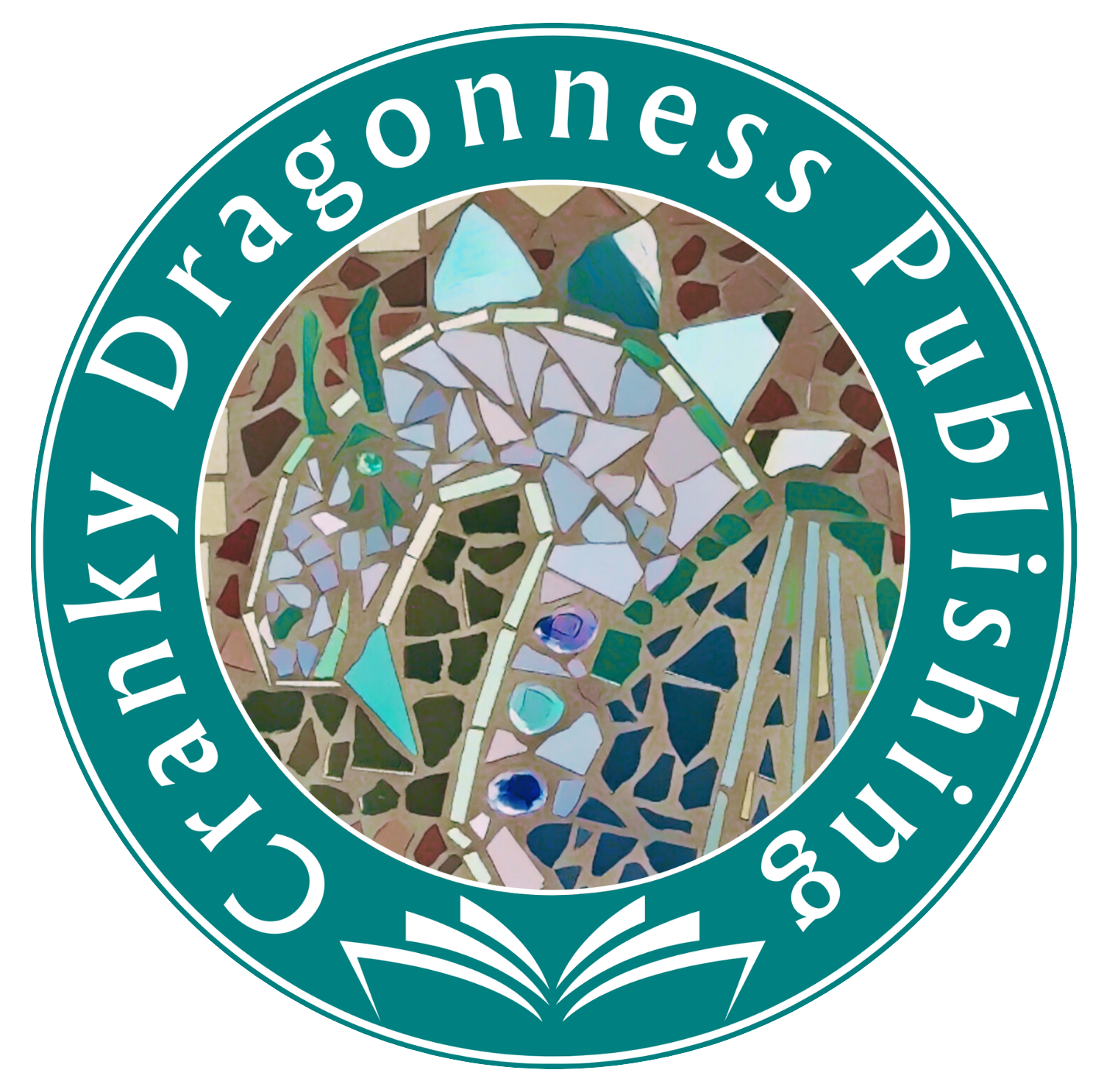 Circular emblem logo with a mosaic portrait of a goat and the text 'Cranky Dragoness Publishing' surrounding it.
