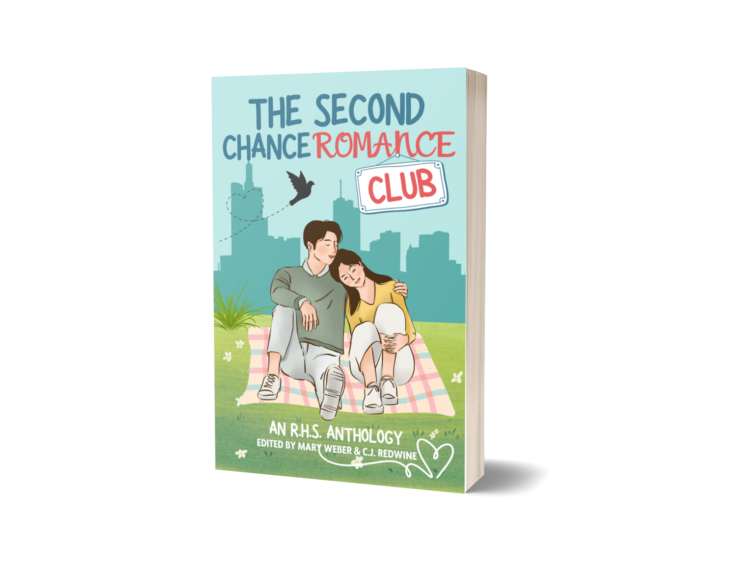 Book cover titled "The Second Chance Romance Club", featuring an illustration of a young man and woman sitting on a picnic blanket in a park with a city skyline in the background. The woman is leaning on the man's shoulder and they are smiling. The cover includes decorative text and a small heart illustration at the bottom.