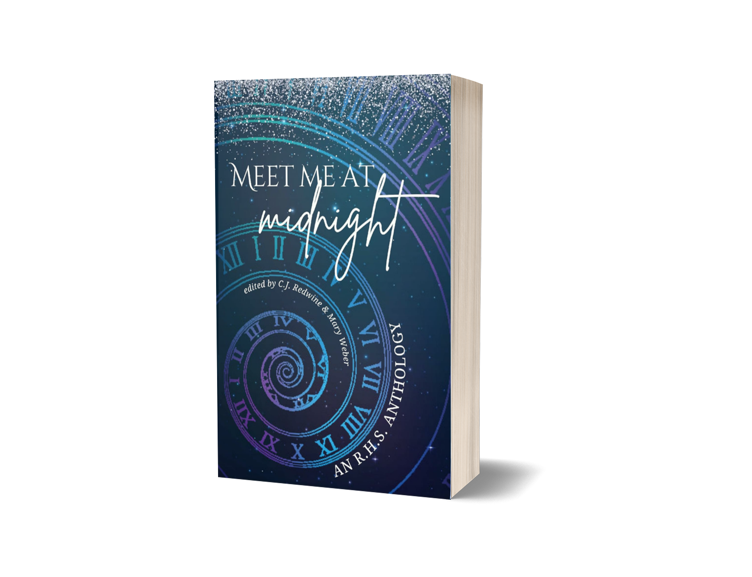 Book titled 'Meet Me at Midnight' with a blue galaxy-themed cover featuring clock and spiral designs, edited by C.J. Redwine and Mary Weber, published by R.H.S. Anthology.