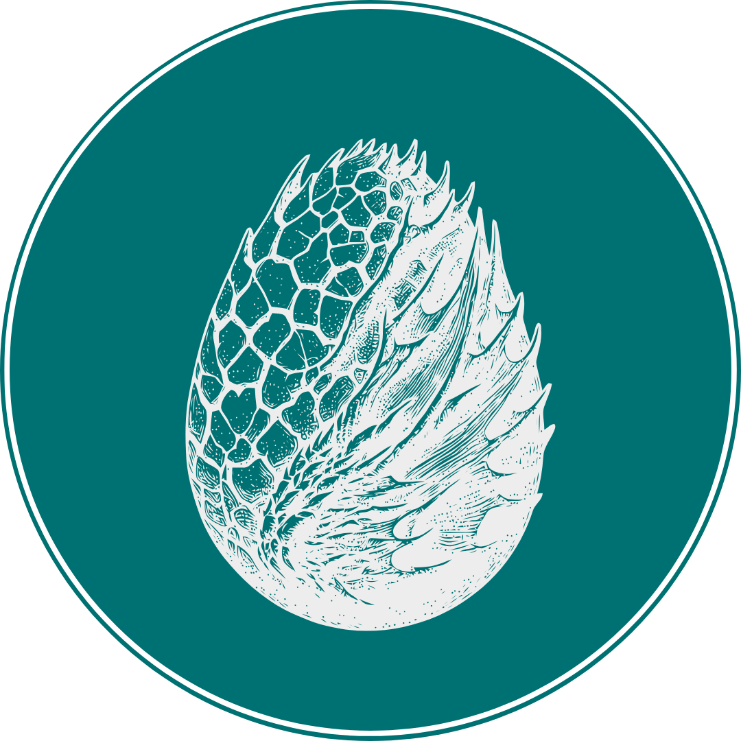 Line drawing of a dinosaur egg with a partially cracked open shell showing a dinosaur head inside, set against a green circular background.