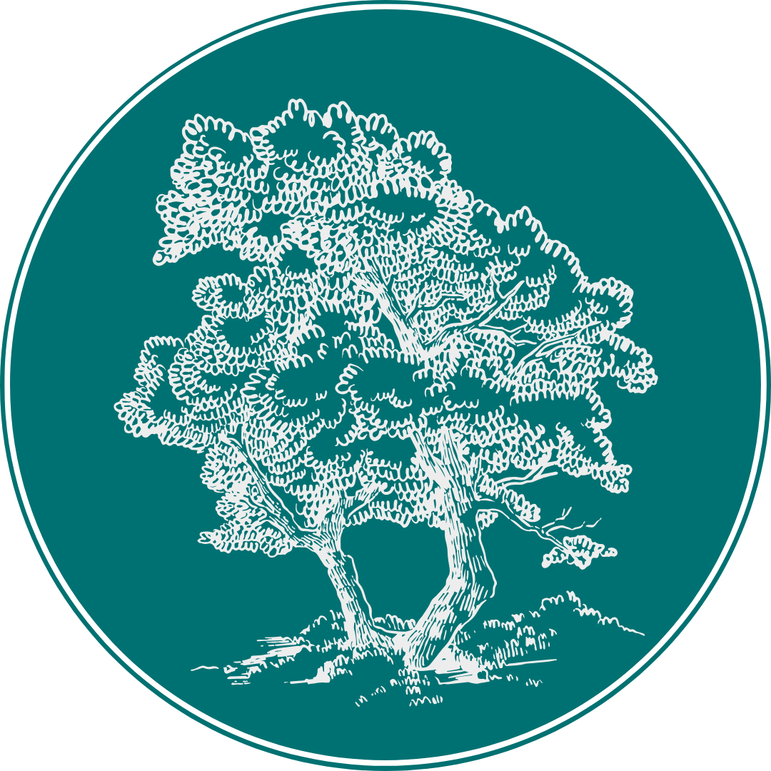 Illustration of two trees with lush foliage in a circle.